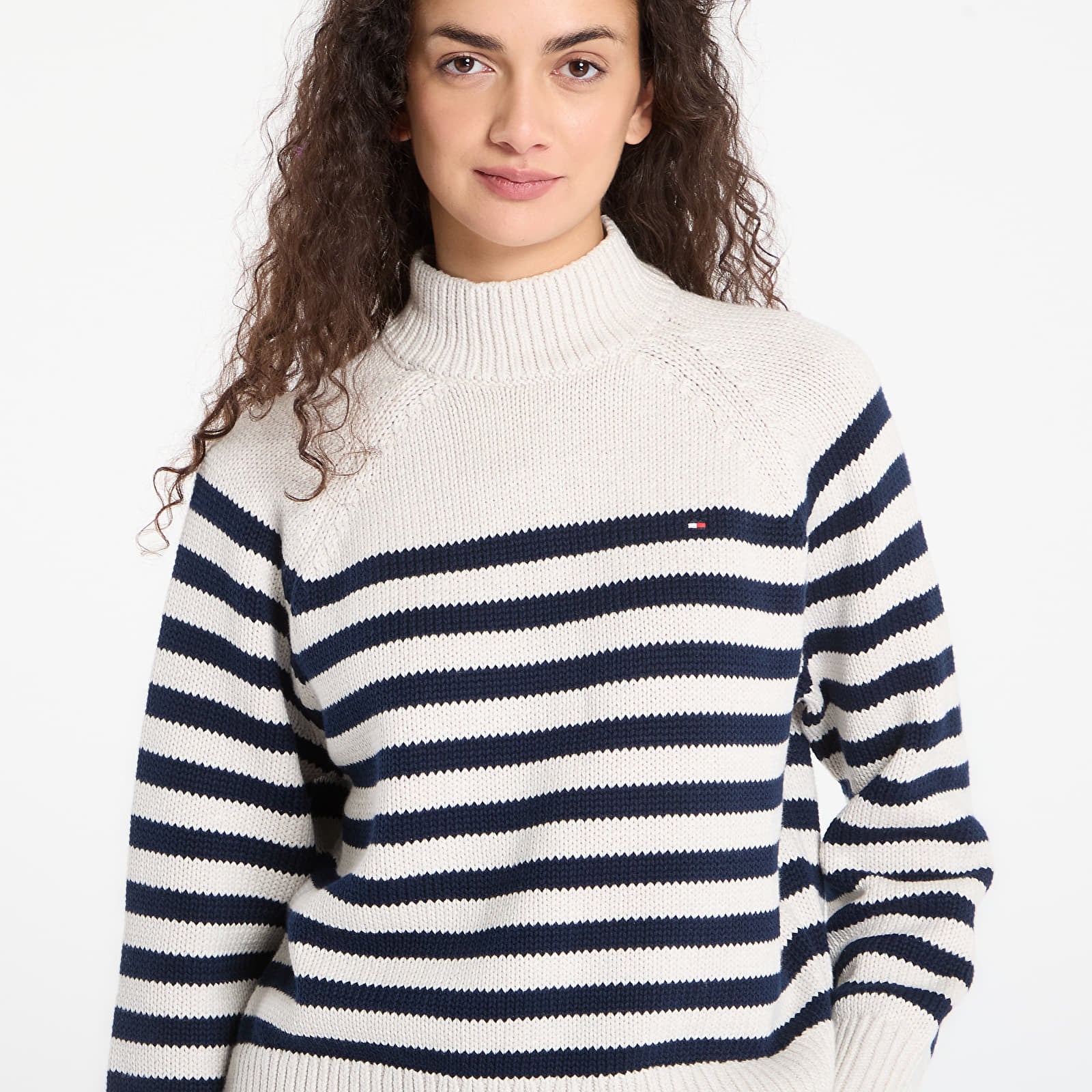 Swetry Tommy Hilfiger Cotton Blend Mock-Neckk Ls Sweater Htr Oatmilk/ Dark Navy Eng Stp