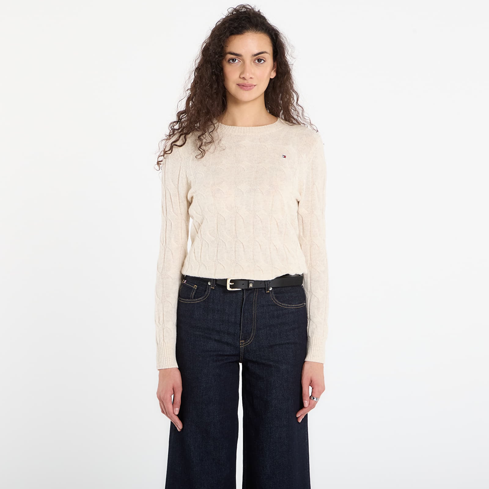 Tröjor Tommy Hilfiger Soft Wool Cable C-Neckk Ls Sweater Heather Oatmilk