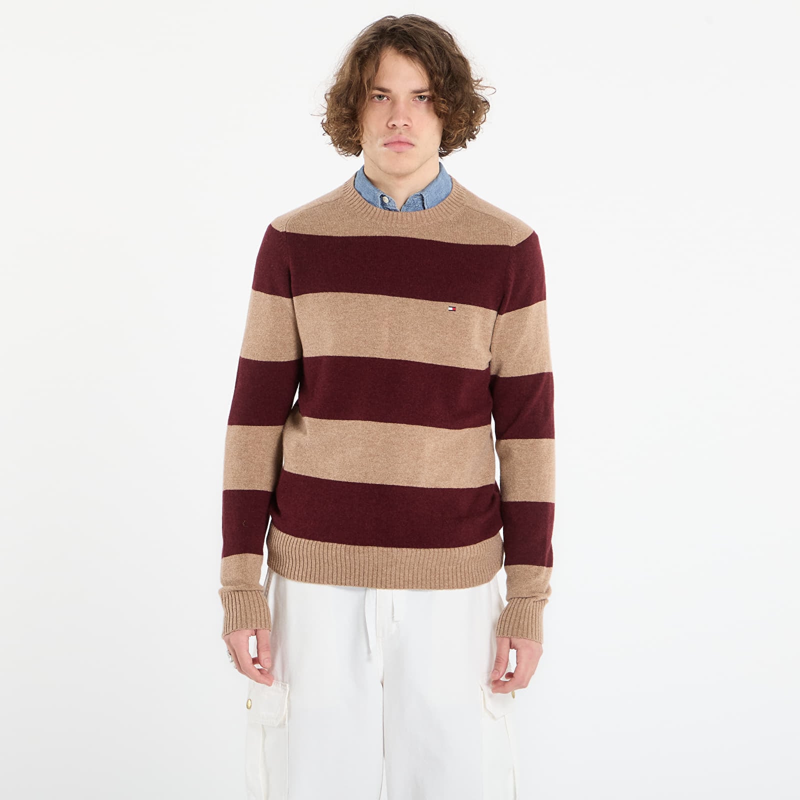 Pulover Tommy Hilfiger Lambswool Crew Neck Safari Canvas Heather/ Deep Burgundy Heather M