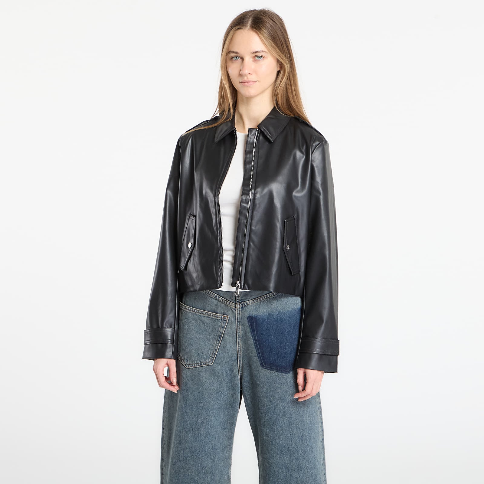 Dámske bundy Calvin Klein Jeans Leather Moto Jacket Black