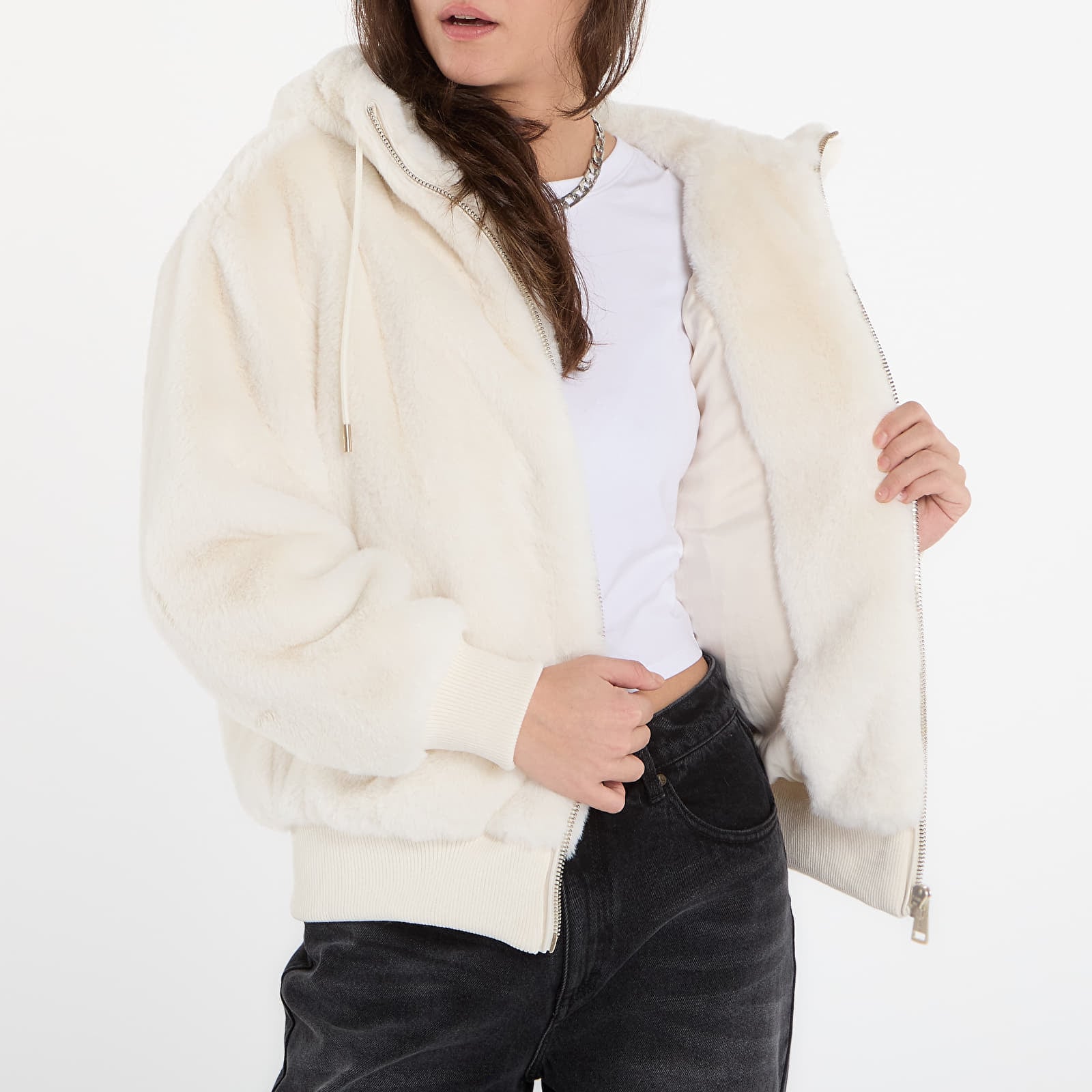 Striukės Guess Jeans Lucrezia Faux Fur Logo Jacket Cream White