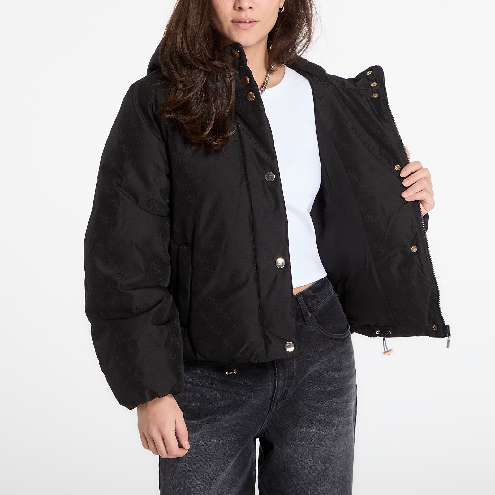 Bundy GUESS 4G Boxy Puffer Jacket Jacquard Jblk Mon