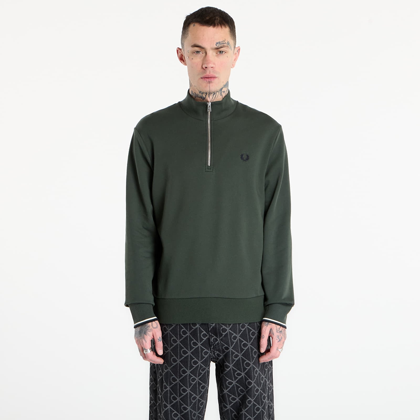 Суитшърт FRED PERRY Half Zip Sweatshirt Court Green/ Snow White/ Navy M