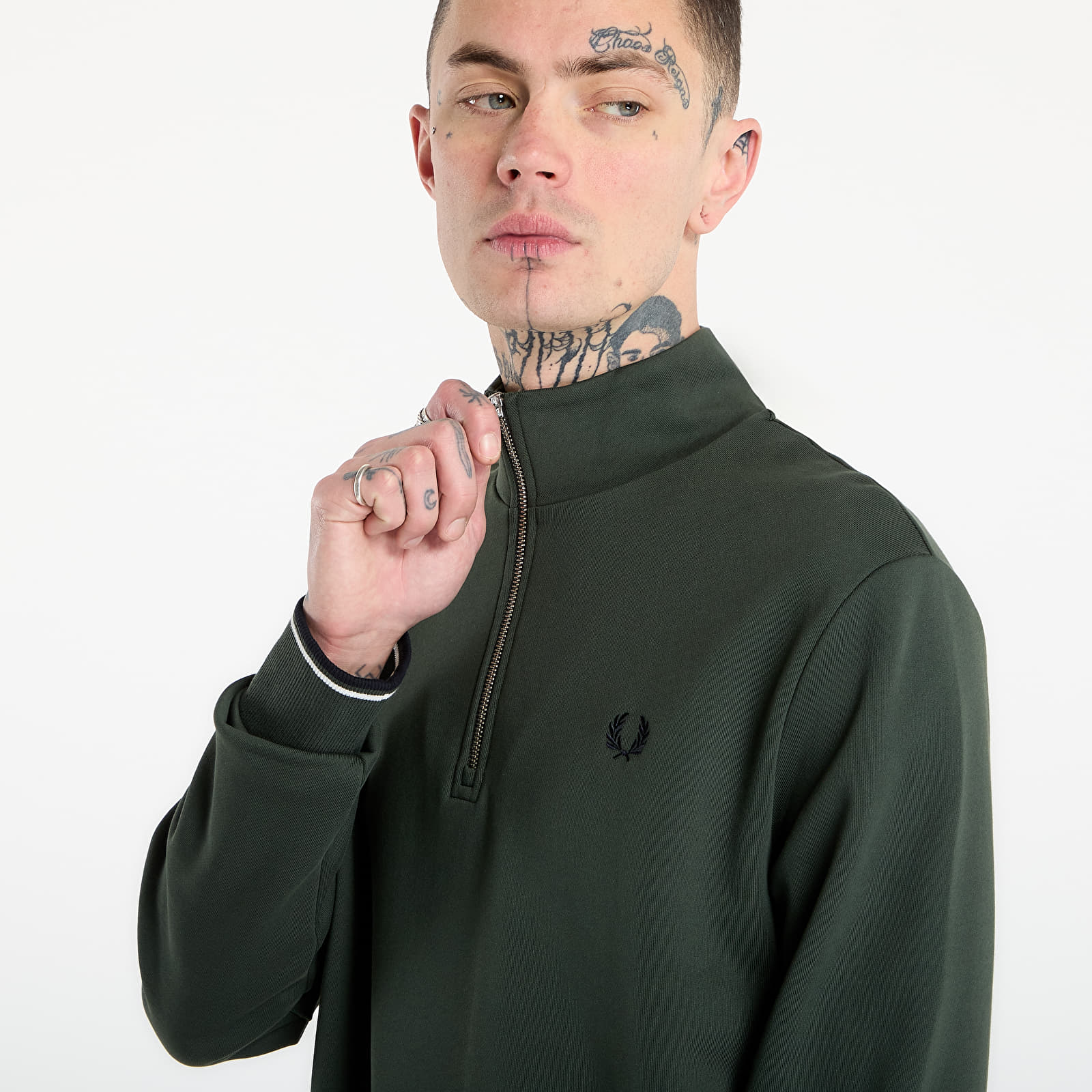Hanorace pentru bărbați FRED PERRY Half Zip Sweatshirt Court Green/ Snow White/ Navy