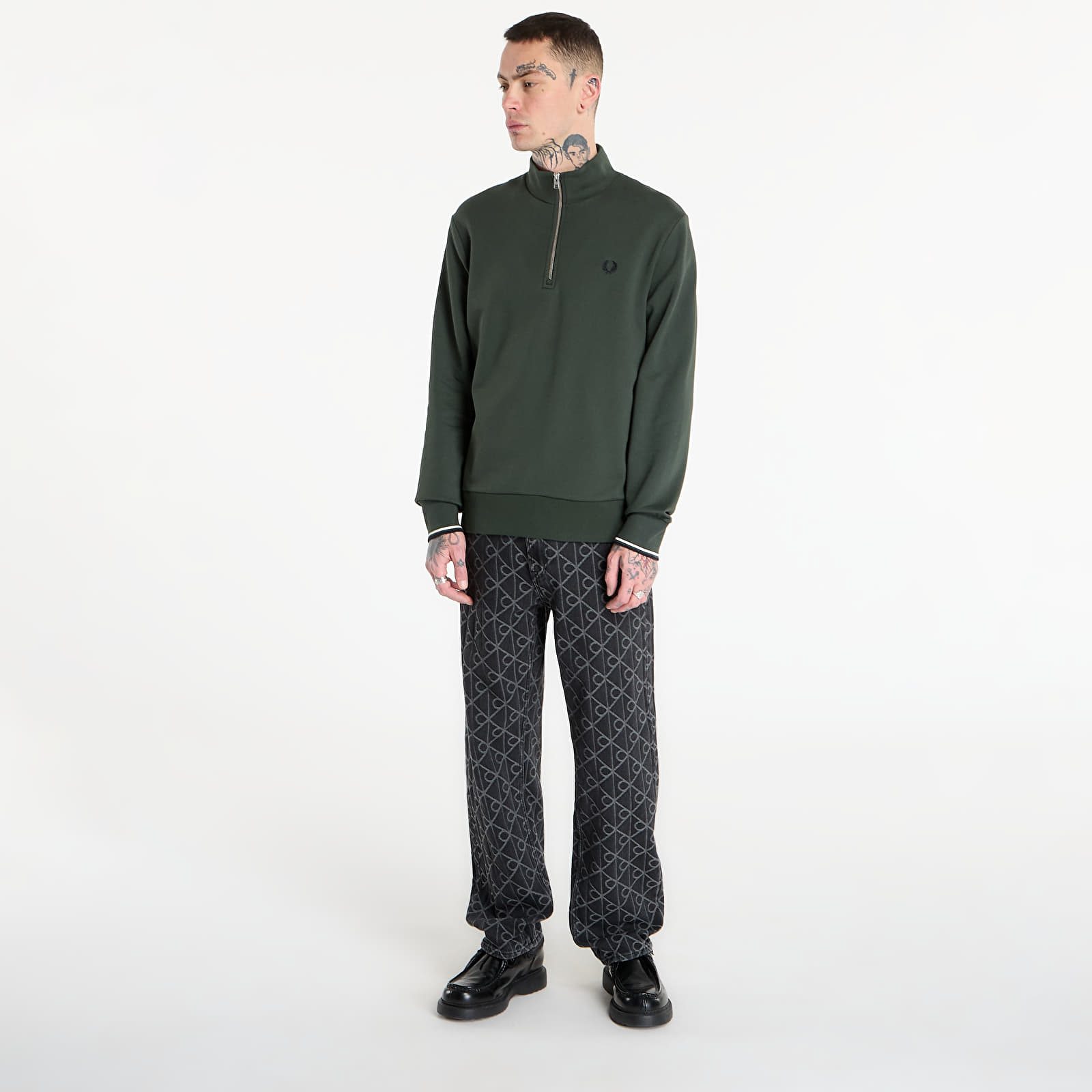 Hanorace pentru bărbați FRED PERRY Half Zip Sweatshirt Court Green/ Snow White/ Navy