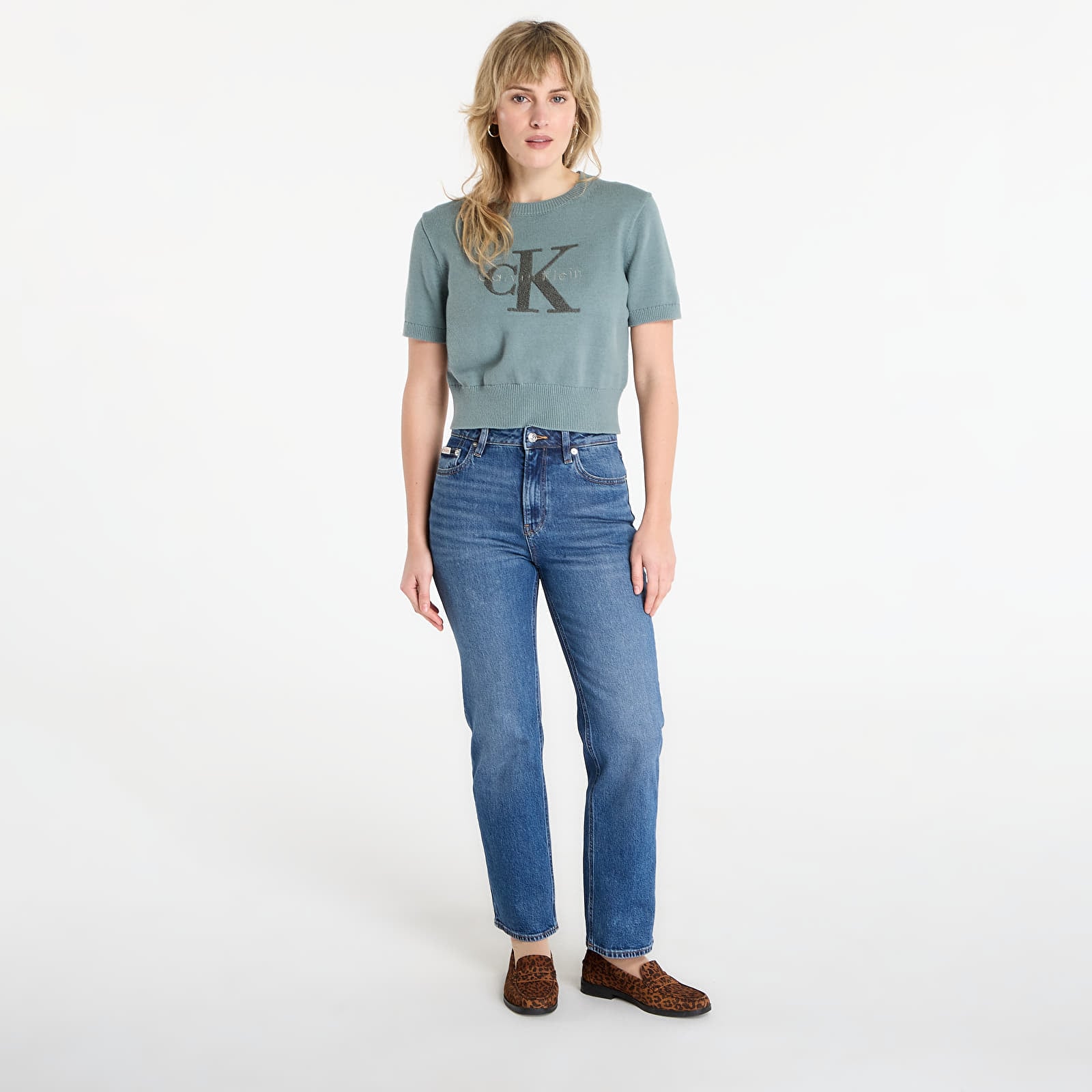 Blugi pentru femei Calvin Klein Jeans High Rise Straight Short Jeans Blue