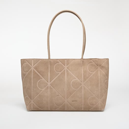 Calvin Klein Emblem Aop Embossed Suede Tote Beige