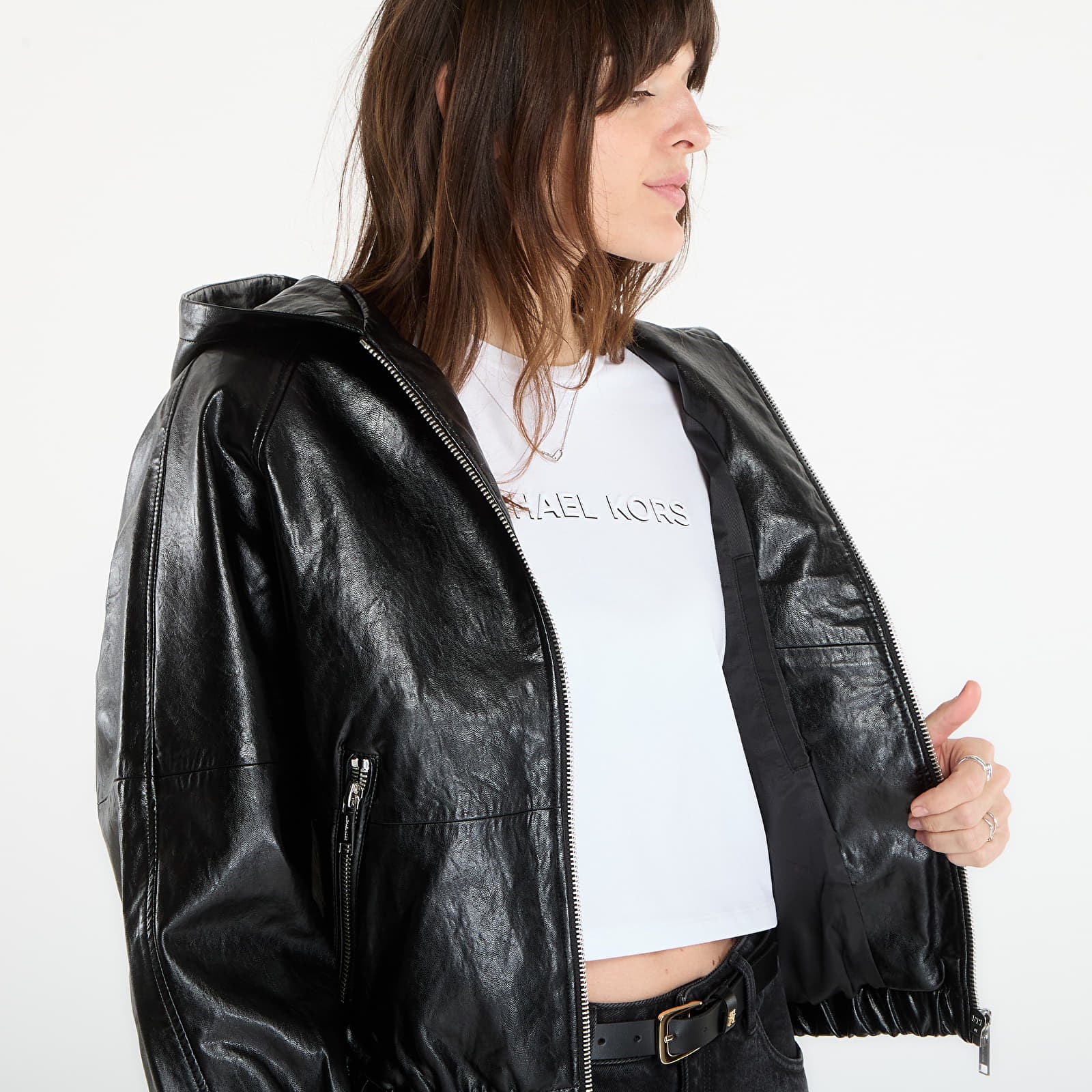 Jackets Michael Kors Faux Leather Hoodie Black