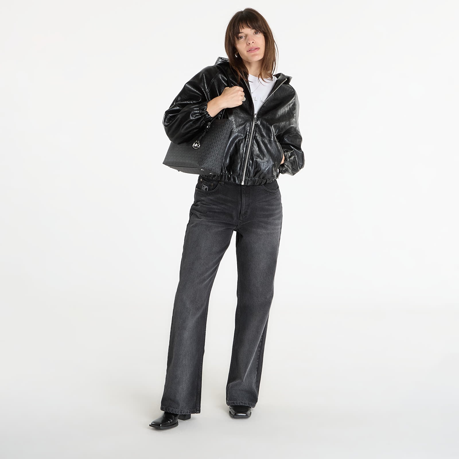 Jackets Michael Kors Faux Leather Hoodie Black