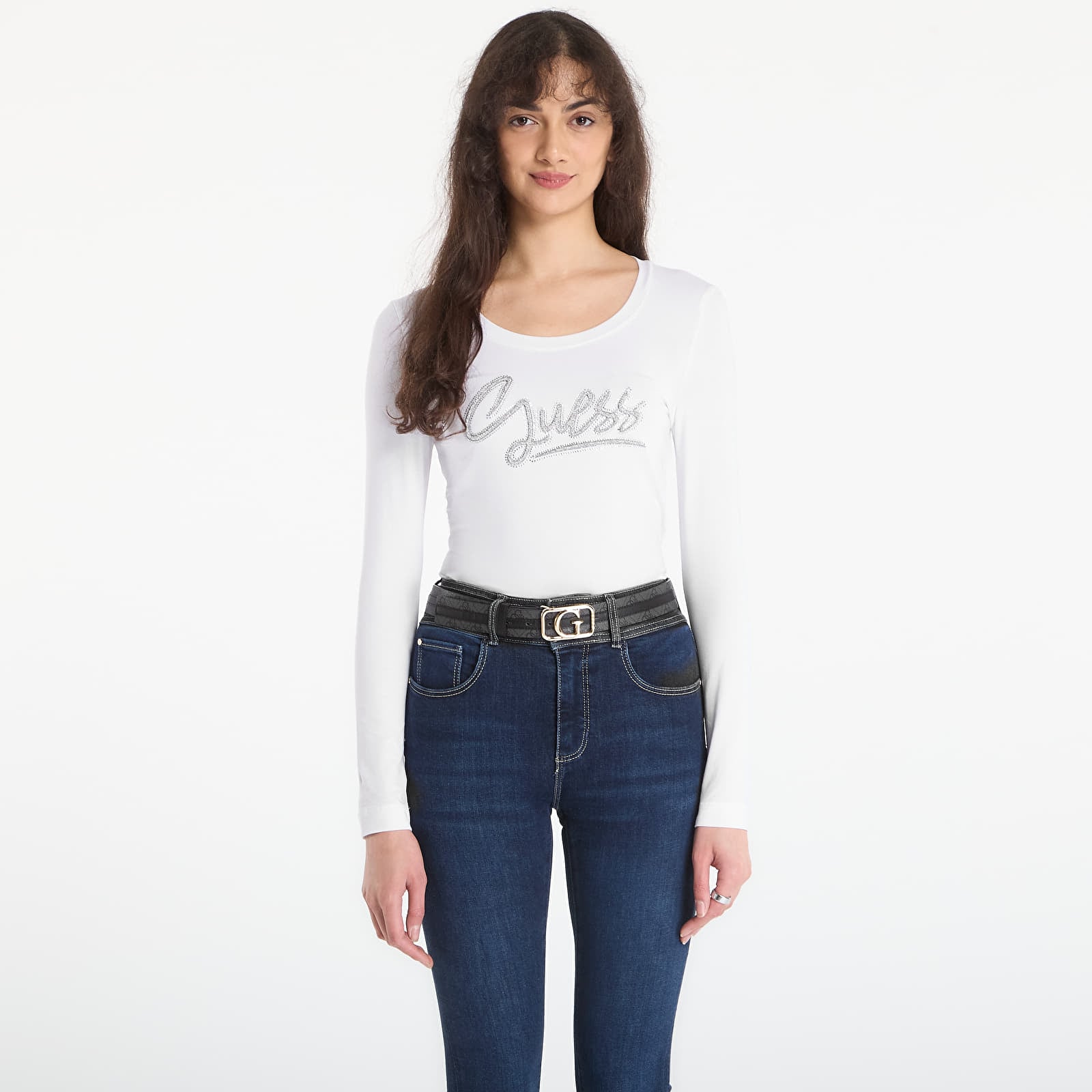 T-Shirts Guess Jeans Ls Cn Guess Script Tee Pure White