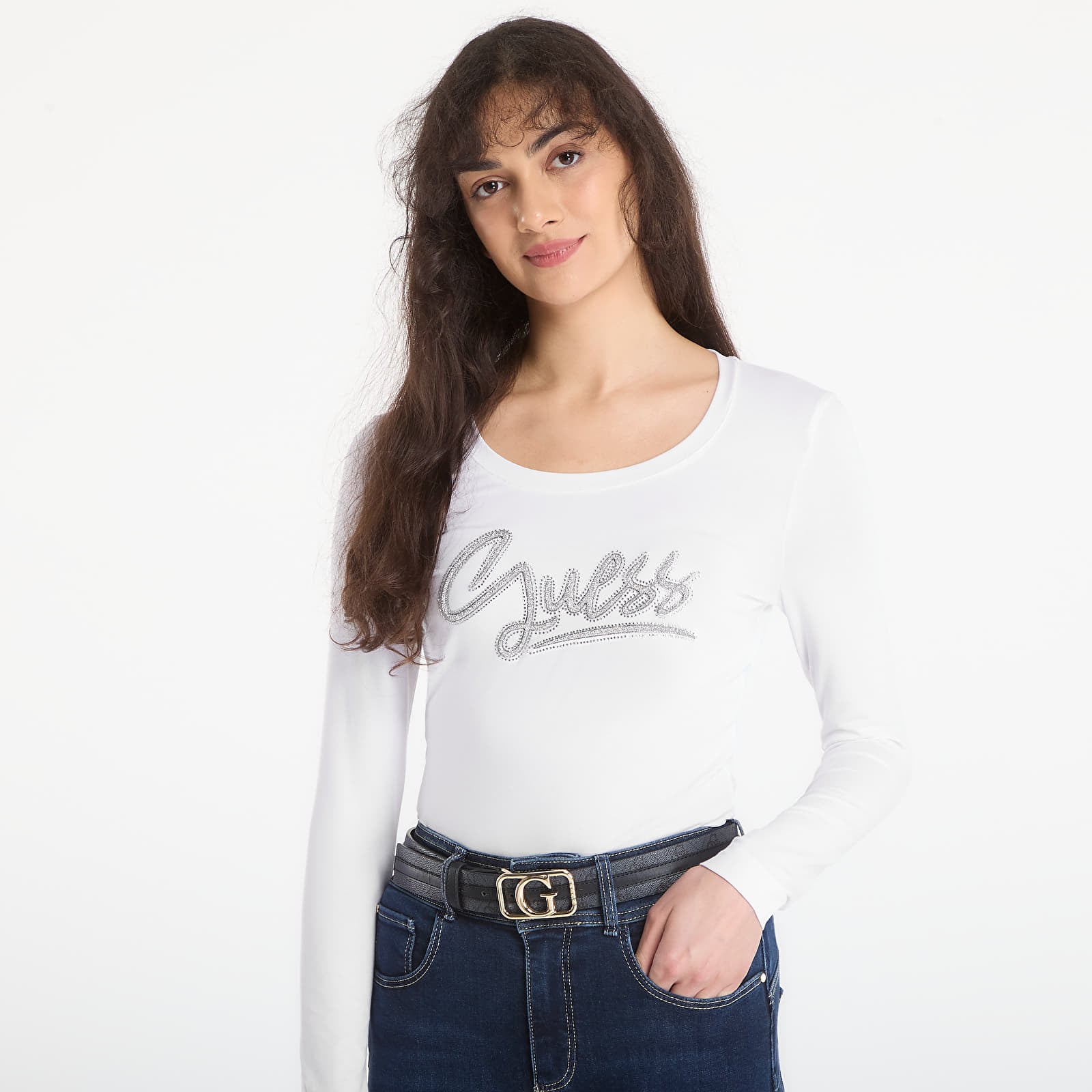 T-Shirts Guess Jeans Ls Cn Guess Script Tee Pure White