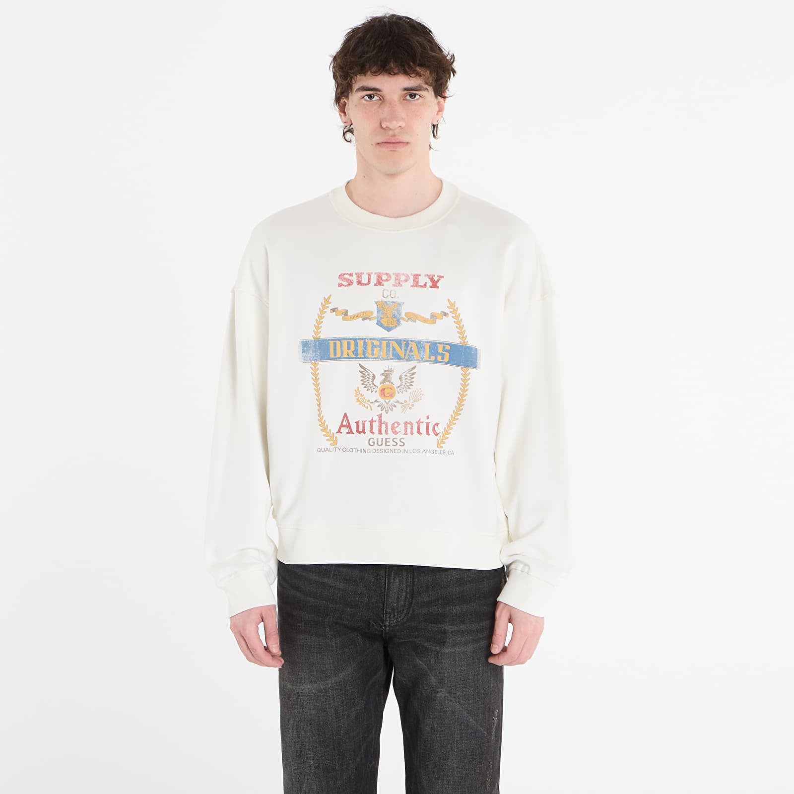 Mikiny Guess Jeans Boxy Graphic Crew Light Cream