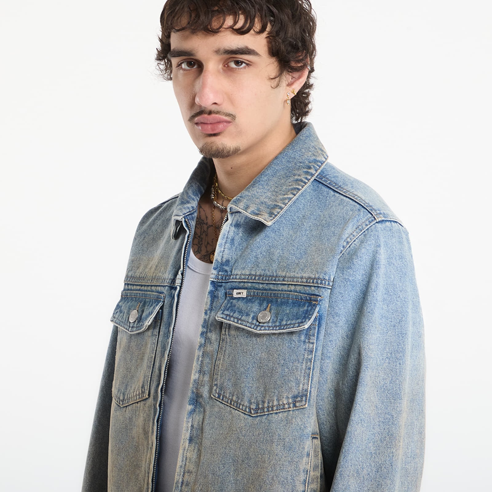 Herrenjacken OBEY Base Trucker Jacket Heavy Vintage Light Indigo