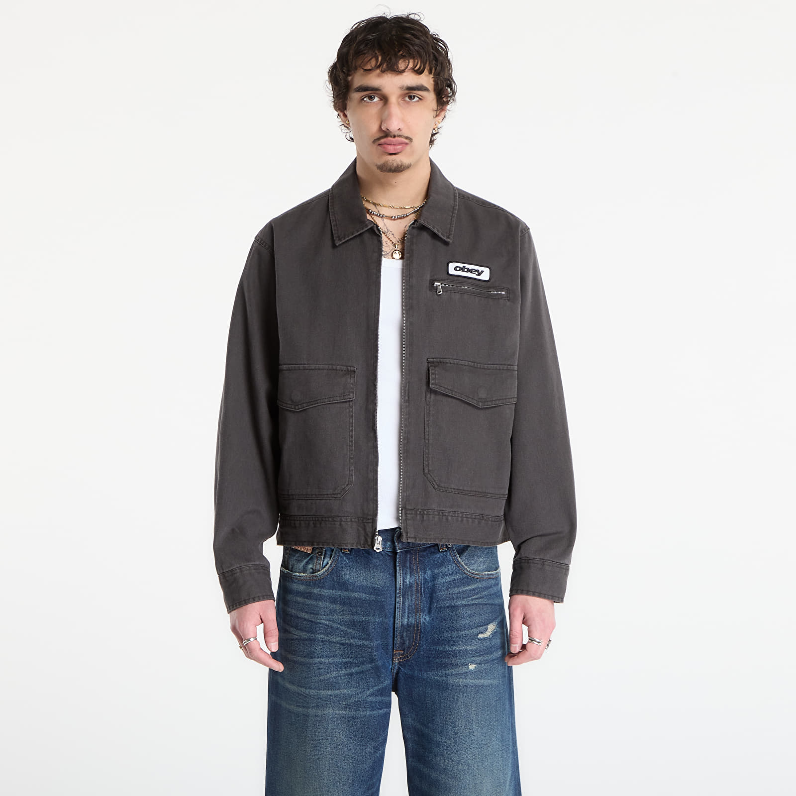 Herrenjacken OBEY Walter Work Jacket Black Faded Wash