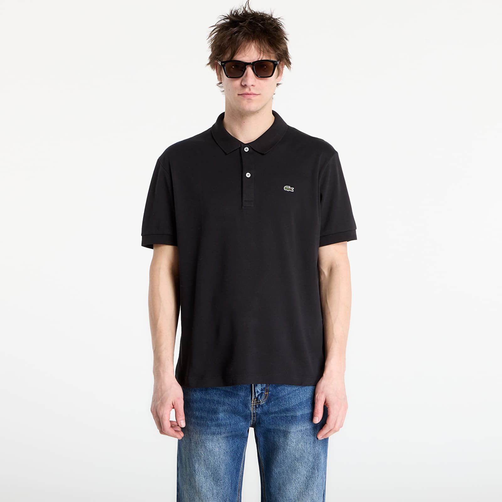 Marškinėliai LACOSTE Short Sleeved Ribbed Collar Shirt Black