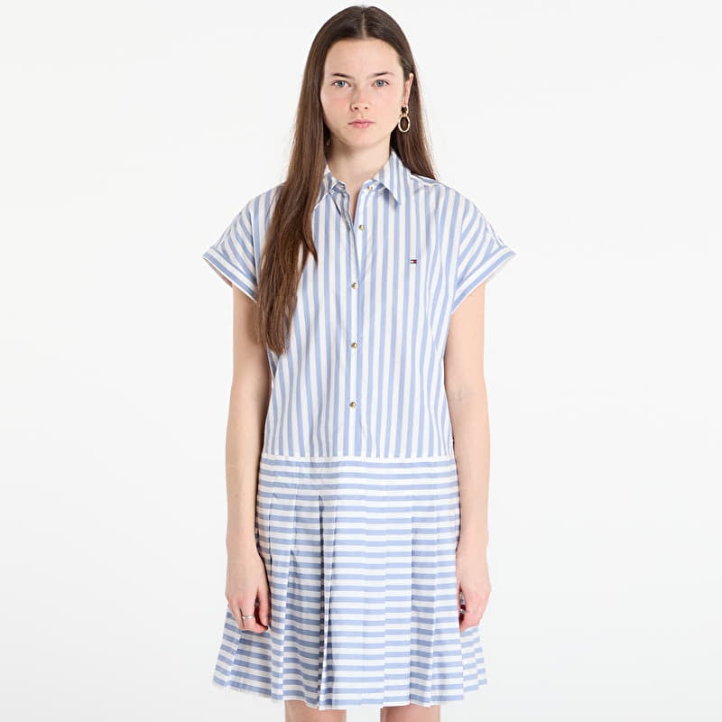 Tommy Hilfiger Poplin Pleated Short Ss Dress White Banker Stp Ecru Brisk Blue