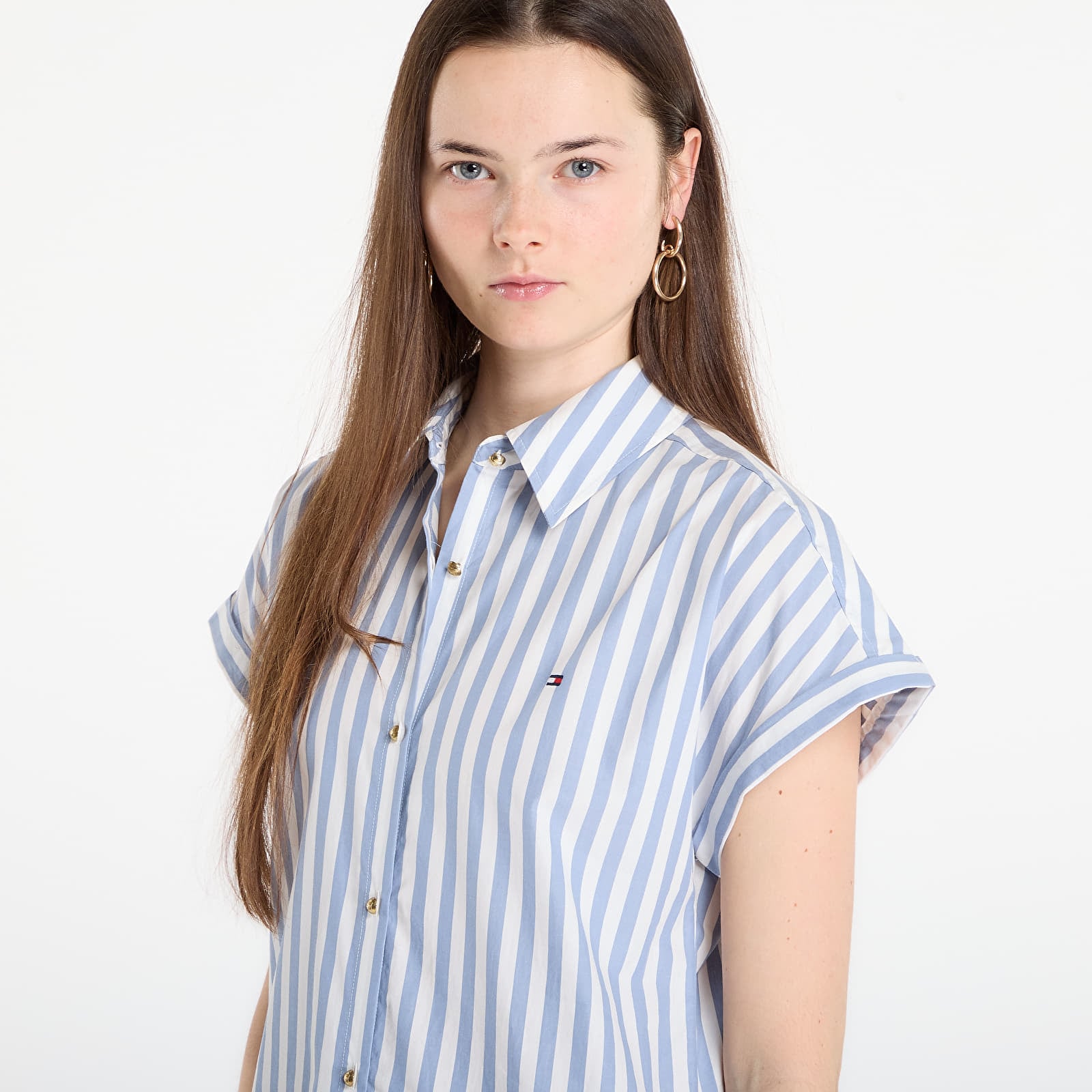 Kleider Tommy Hilfiger Poplin Pleated Short Ss Dress White Banker Stp Ecru Brisk Blue