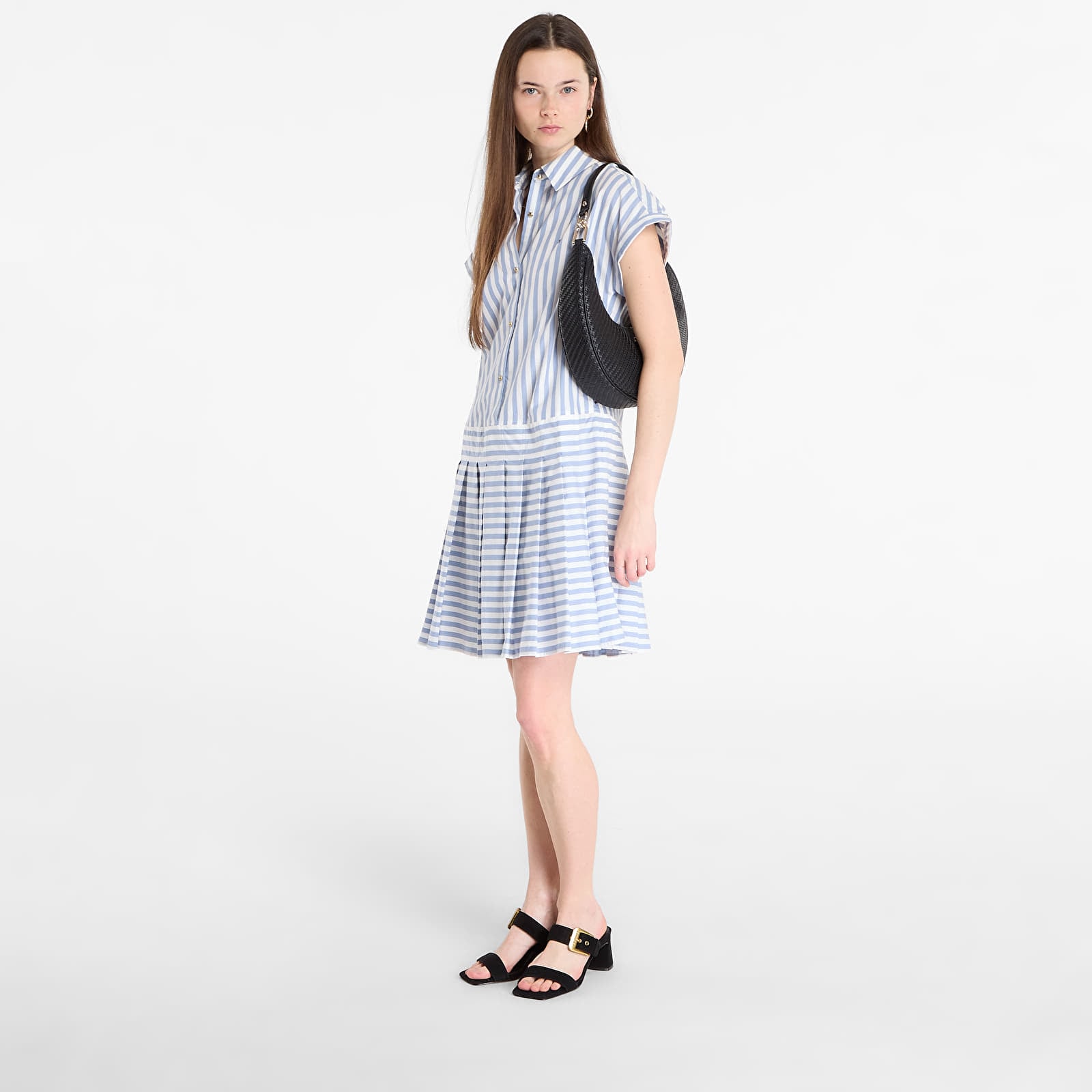 Kleider Tommy Hilfiger Poplin Pleated Short Ss Dress White Banker Stp Ecru Brisk Blue