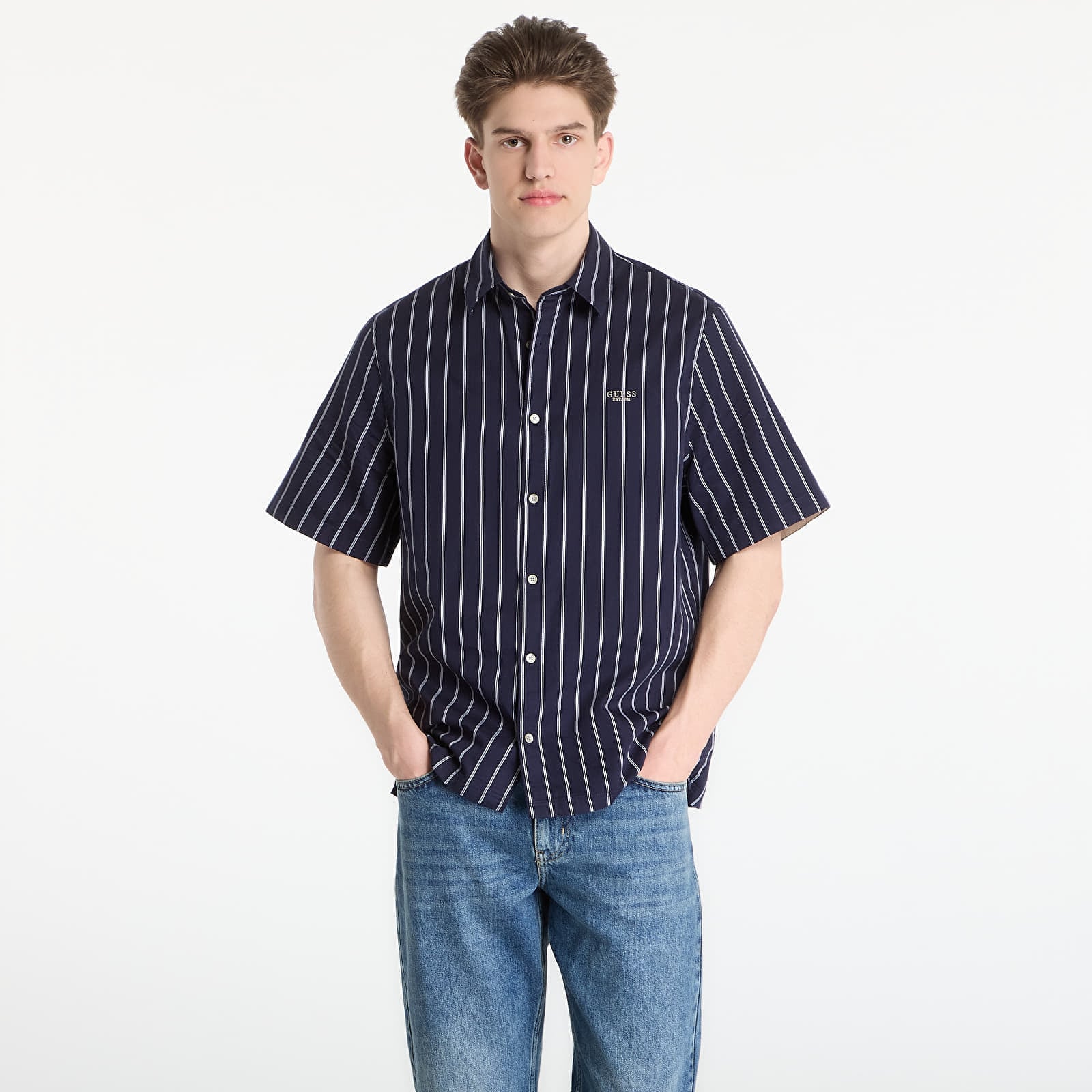 Shirt Guess Jeans Ss Yarn Dyed Crinkle Shirt Smart Blue/ White S