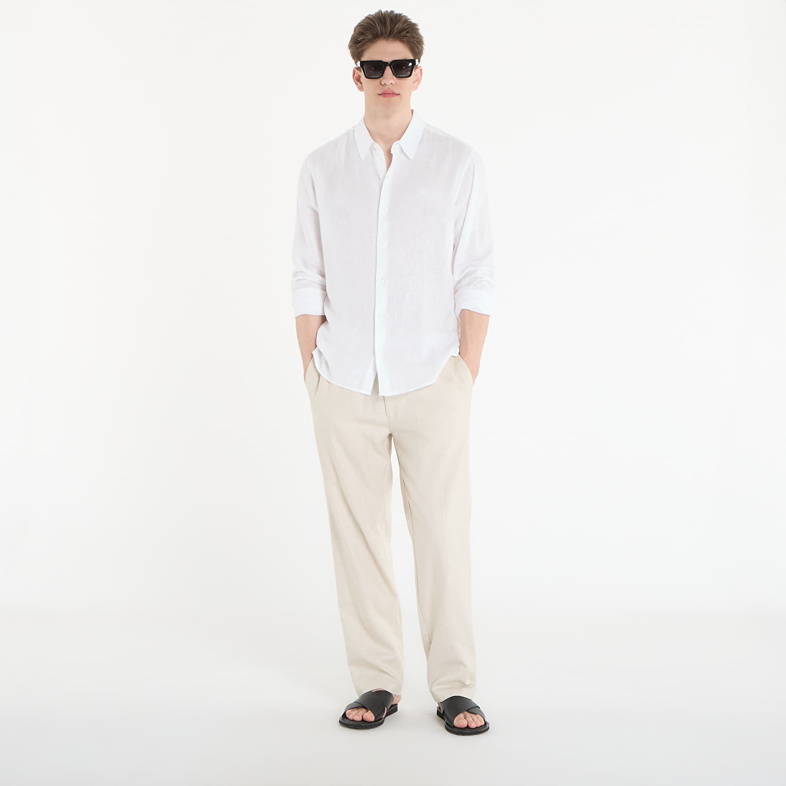 Nohavice Calvin Klein Straight Linen Pull On Pant Oatmeal Melange