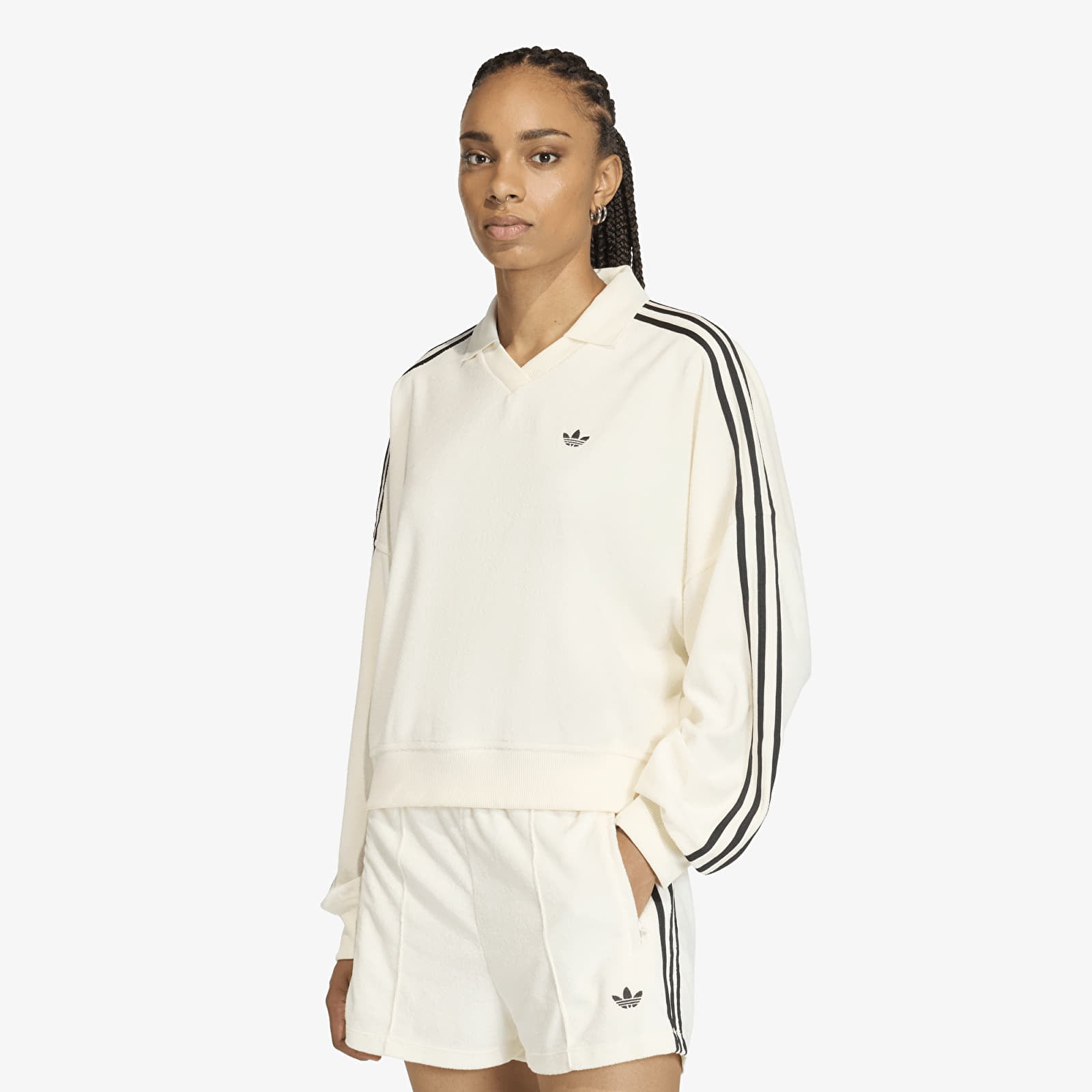 Magliette da donna adidas Terry Towel V Neck Long Sleeves Polo Shirt Off White