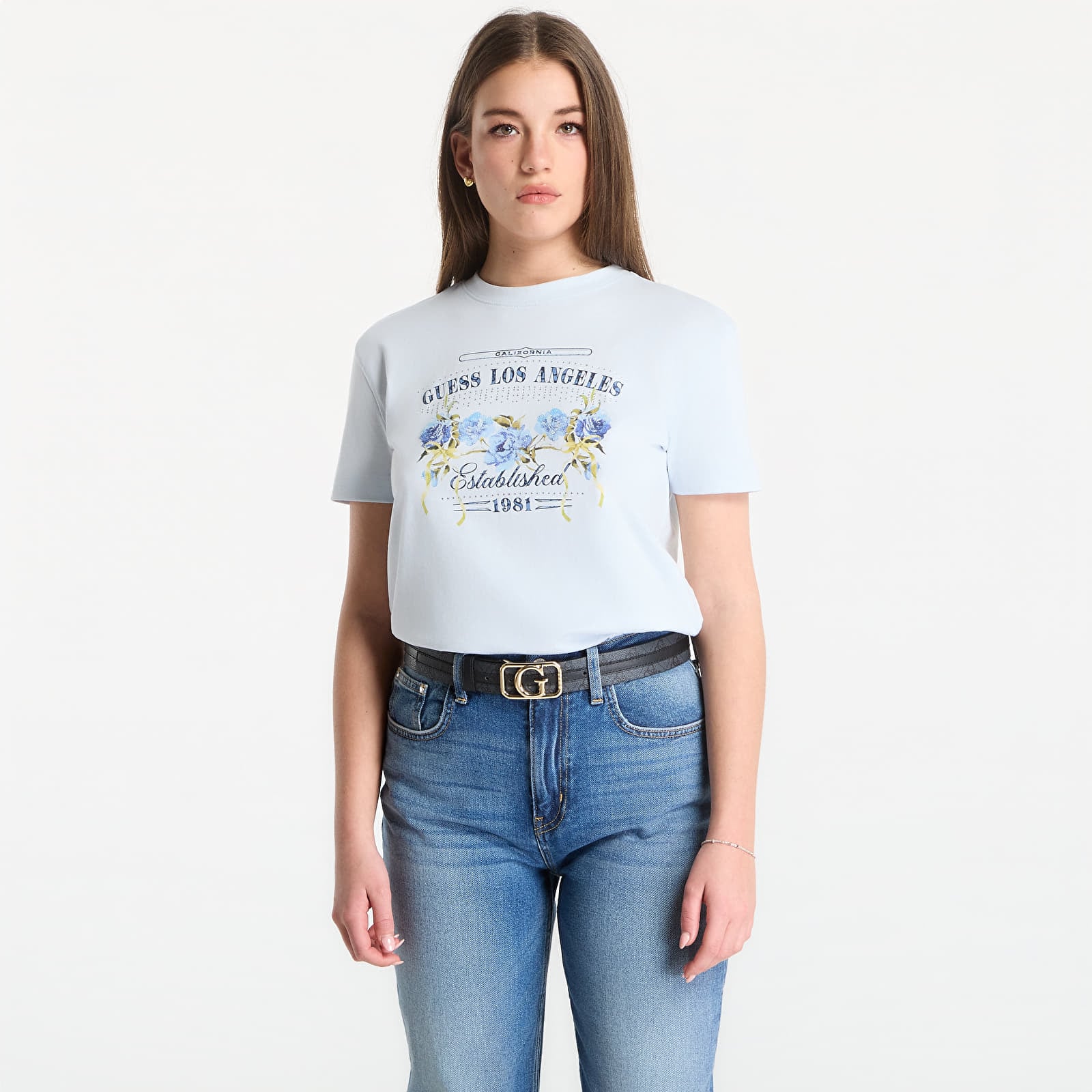 Tričká Guess Jeans Ss Cn Flowers Guess Box Tee Sky High