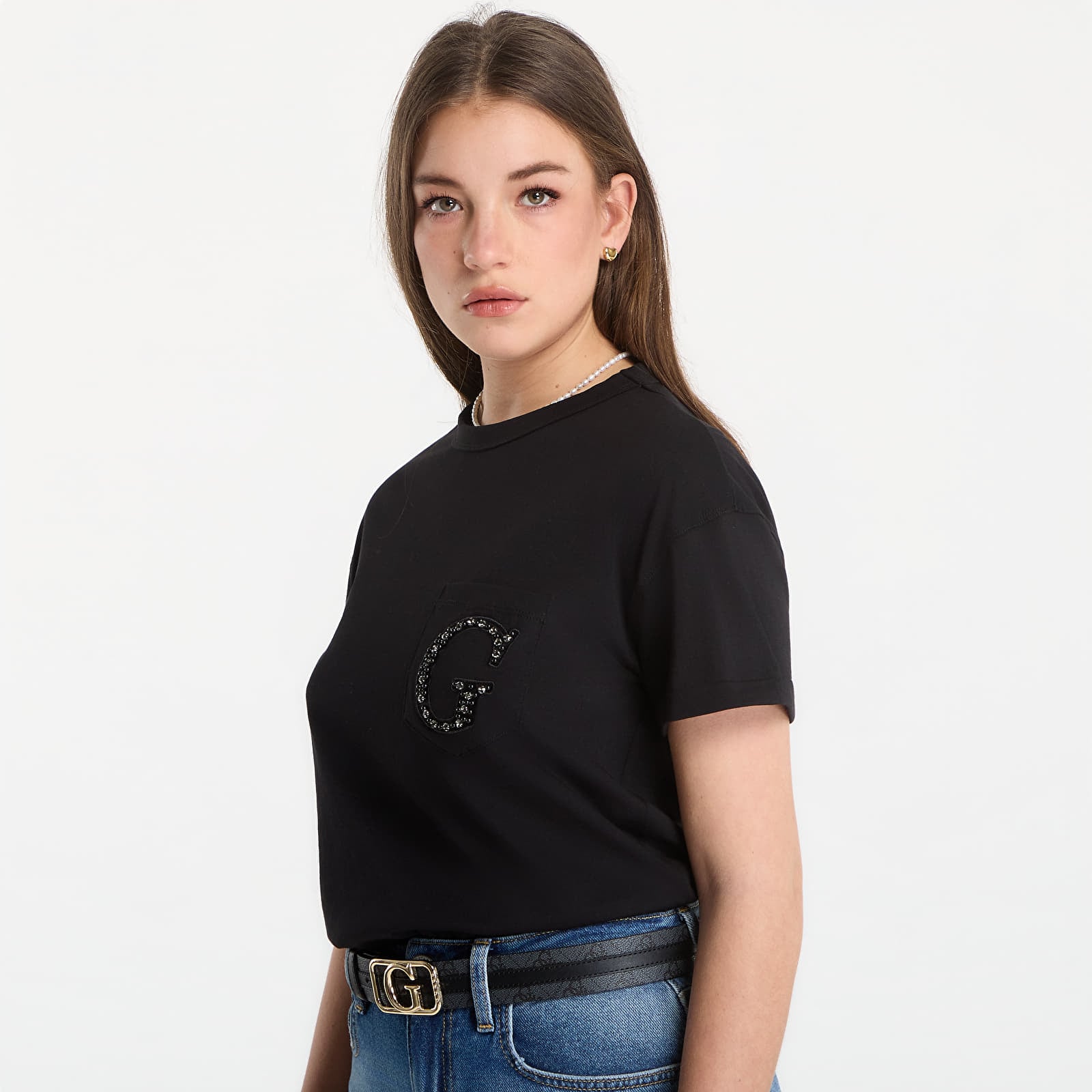 Dámske tričká Guess Jeans Ss Cn Pocket G Logo Tee Jet Black