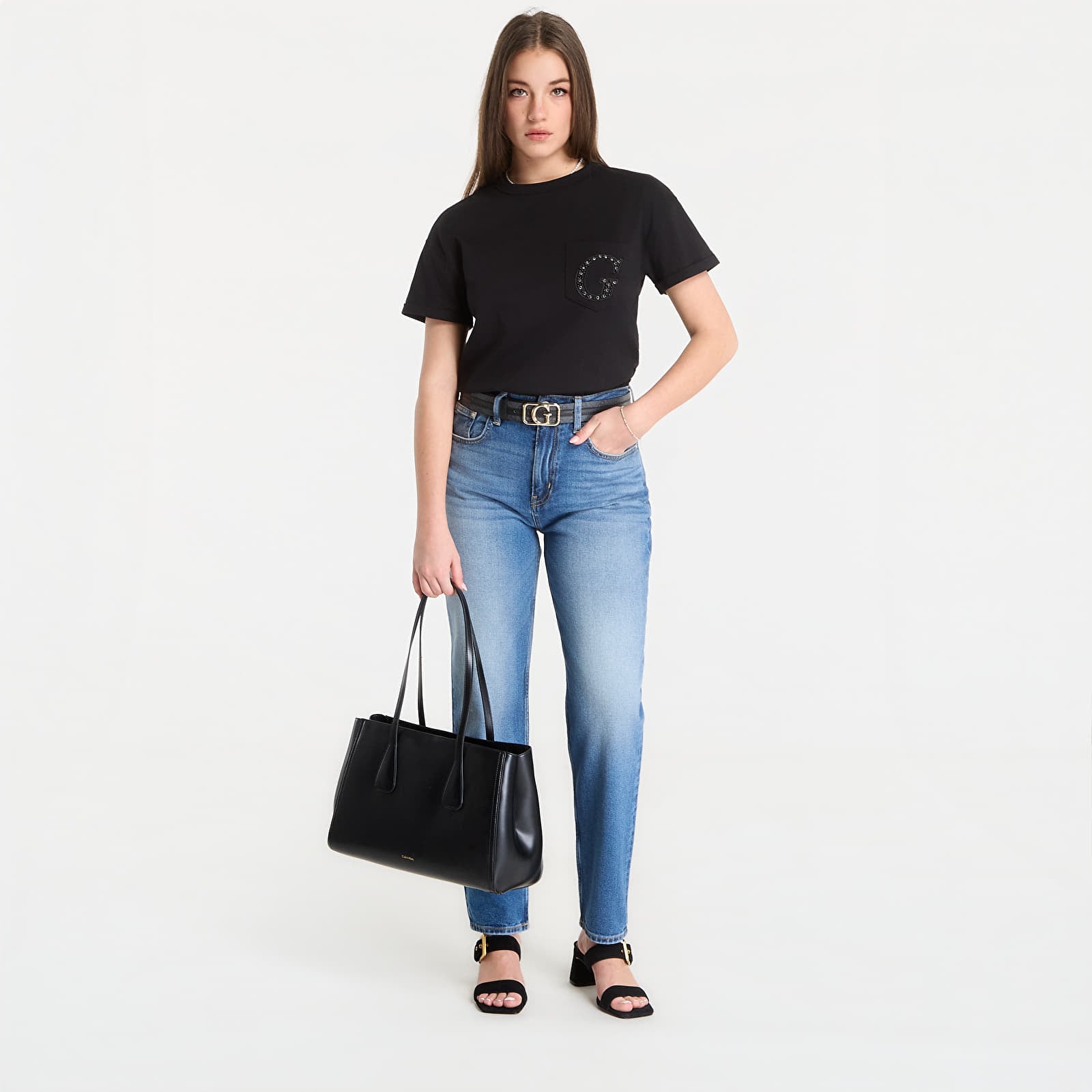 Dámske tričká Guess Jeans Ss Cn Pocket G Logo Tee Jet Black