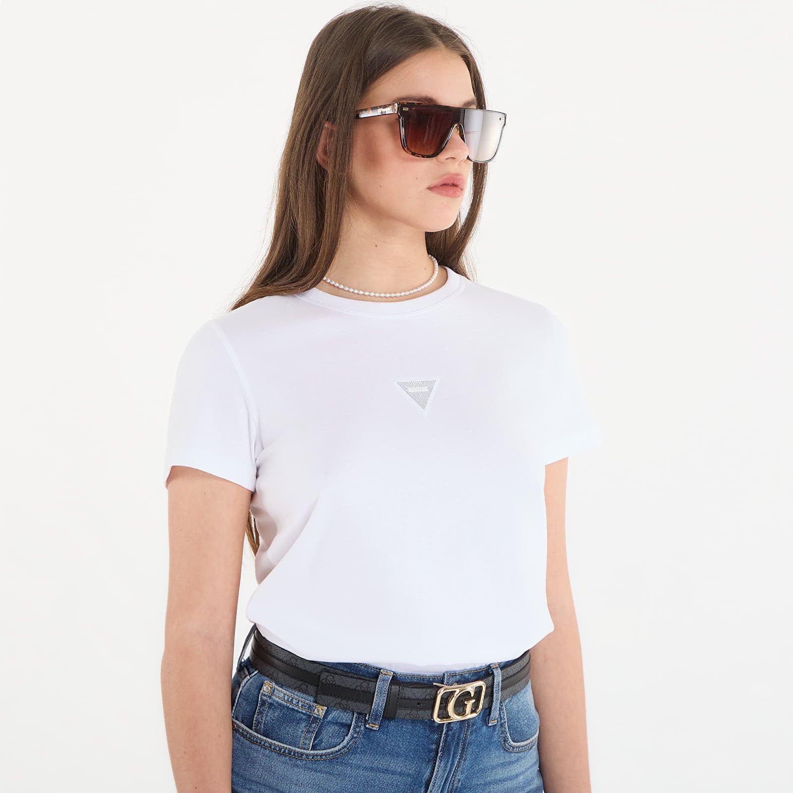 Тениска Guess Jeans Ss Cn Mini Strass Triangle Tee Pure White M
