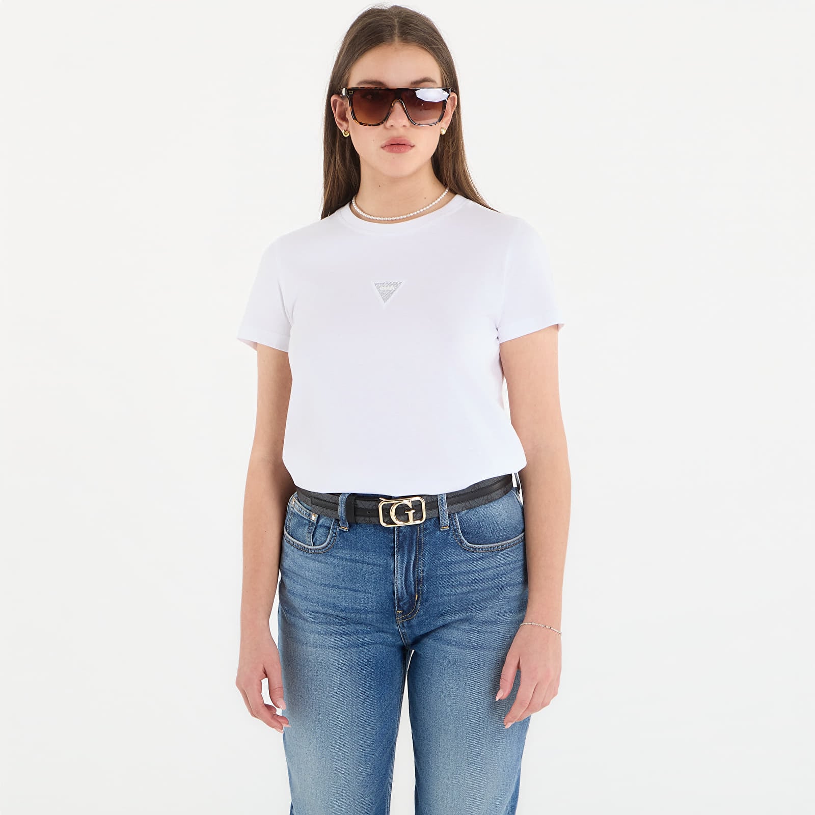 Tričká Guess Jeans Ss Cn Mini Strass Triangle Tee Pure White