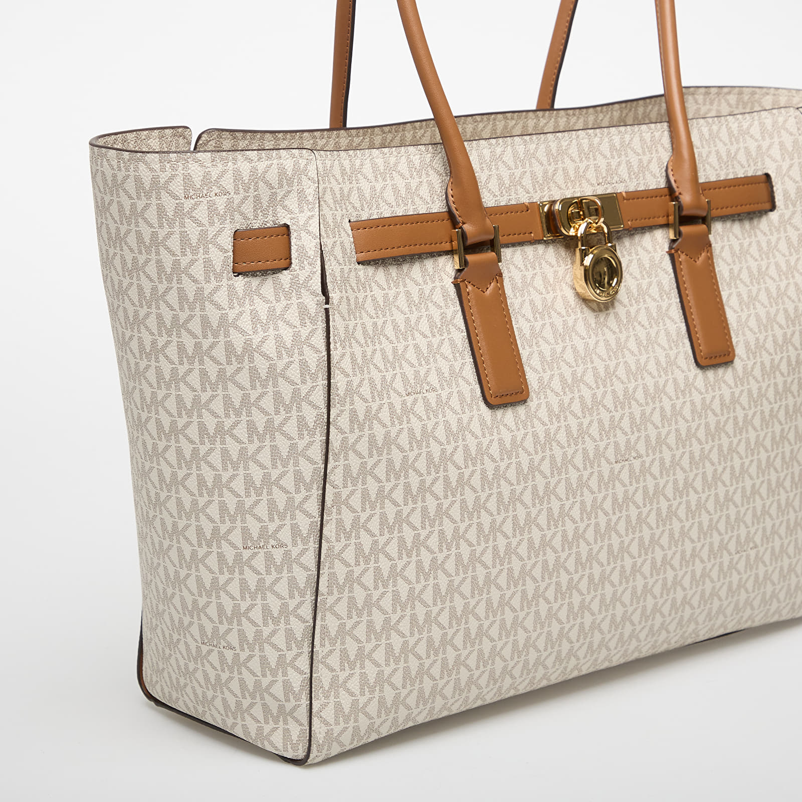 Kézitáskák Michael Kors Hamilton Moderne Large Signature Logo Tote Bag Vanilla/ Acorn
