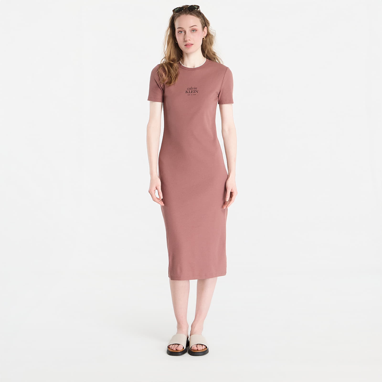 Dress Calvin Klein Jeans Ss 2X2 Baby Rib Logo Midi Dress Sierra Brown XS
