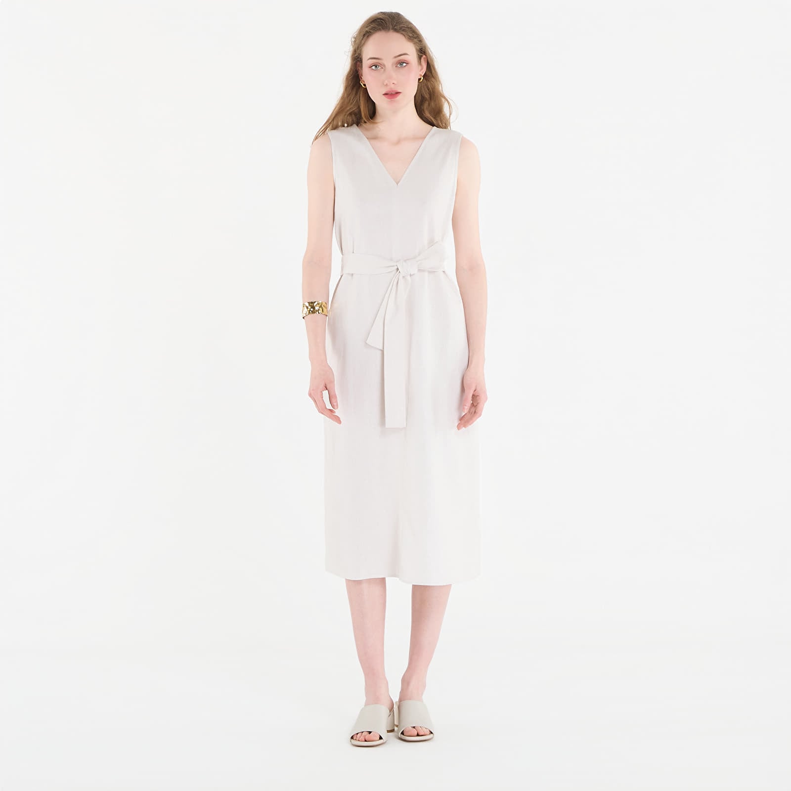 Облекло Calvin Klein Linen V Neck Sleeveless Dress White Sand M