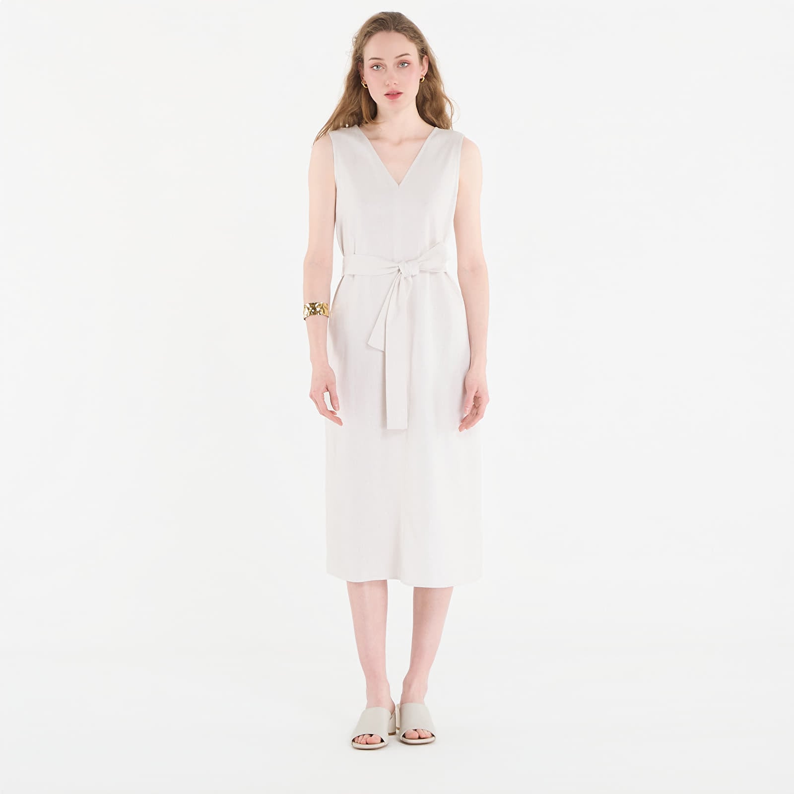 Dresses Calvin Klein Linen V Neck Sleeveless Dress White Sand
