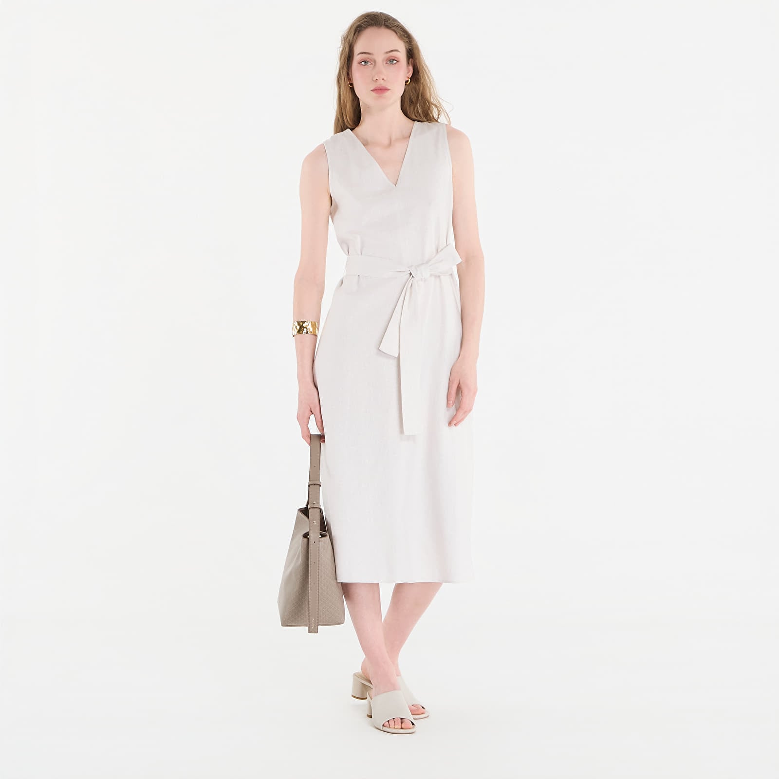 Dresses Calvin Klein Linen V Neck Sleeveless Dress White Sand