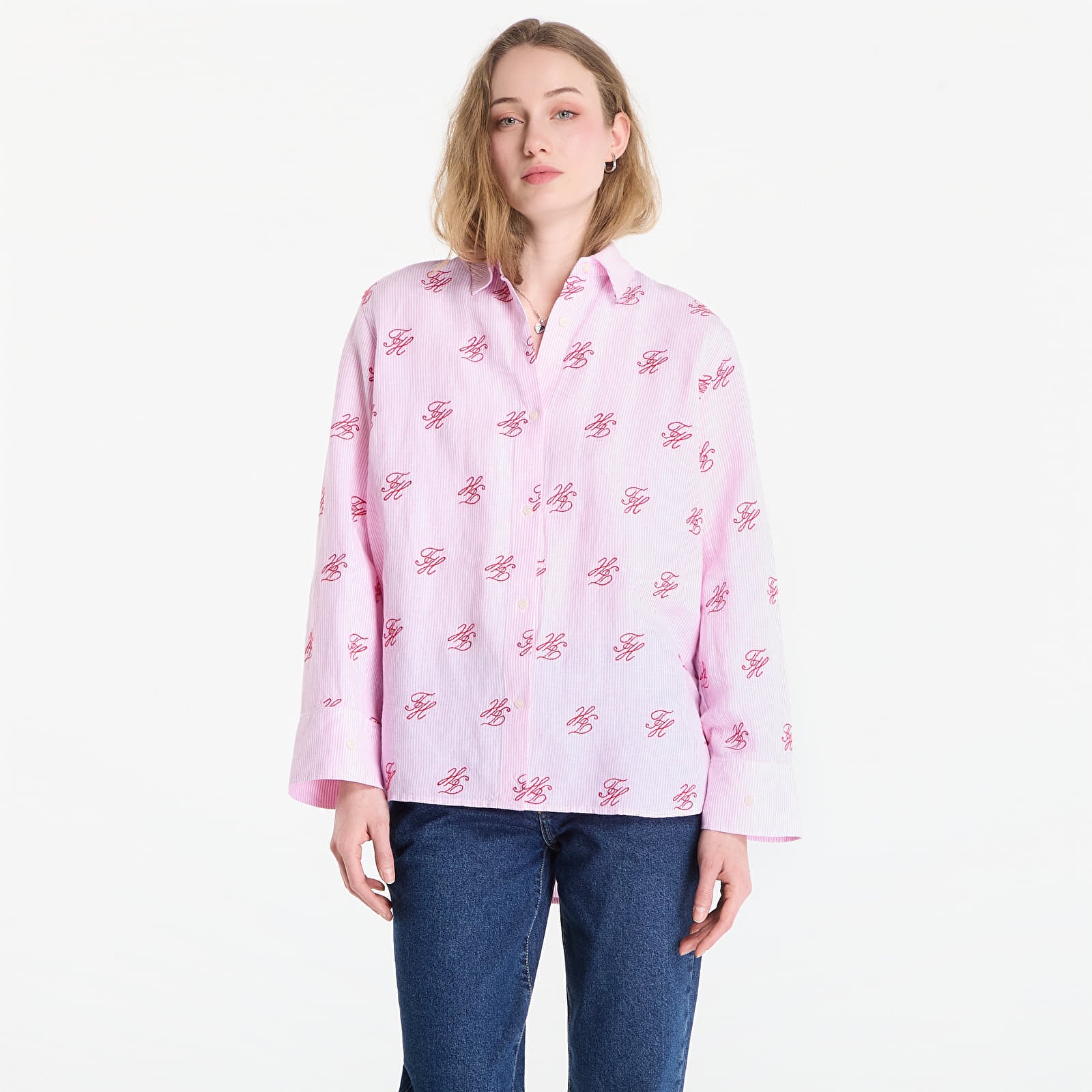 Ingek Tommy Hilfiger Swimshop Linen Easy Fit Aop Shirt Script Ithaca Rose Petal