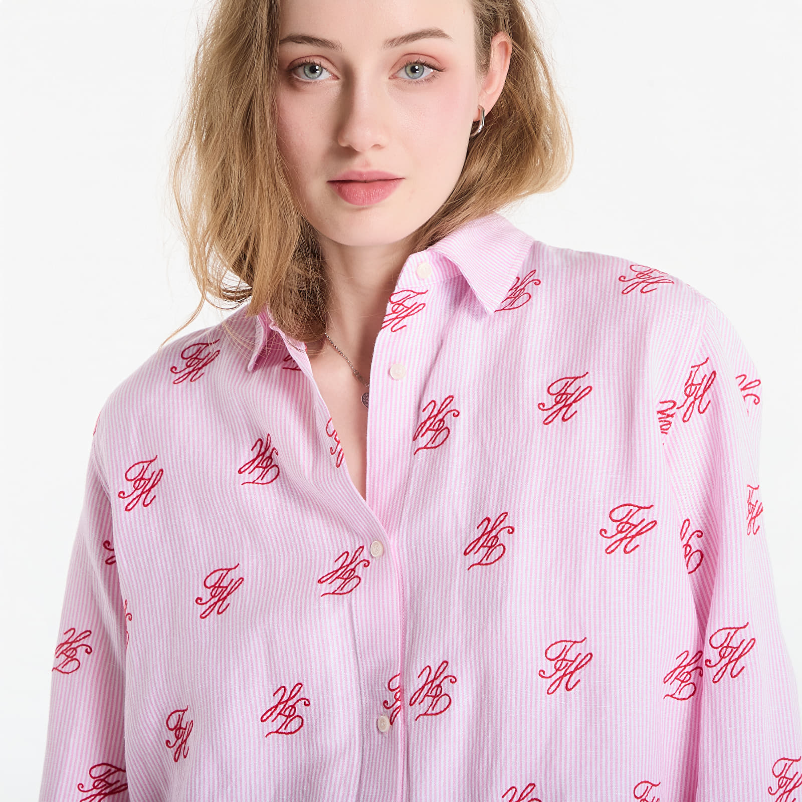 Ingek Tommy Hilfiger Swimshop Linen Easy Fit Aop Shirt Script Ithaca Rose Petal