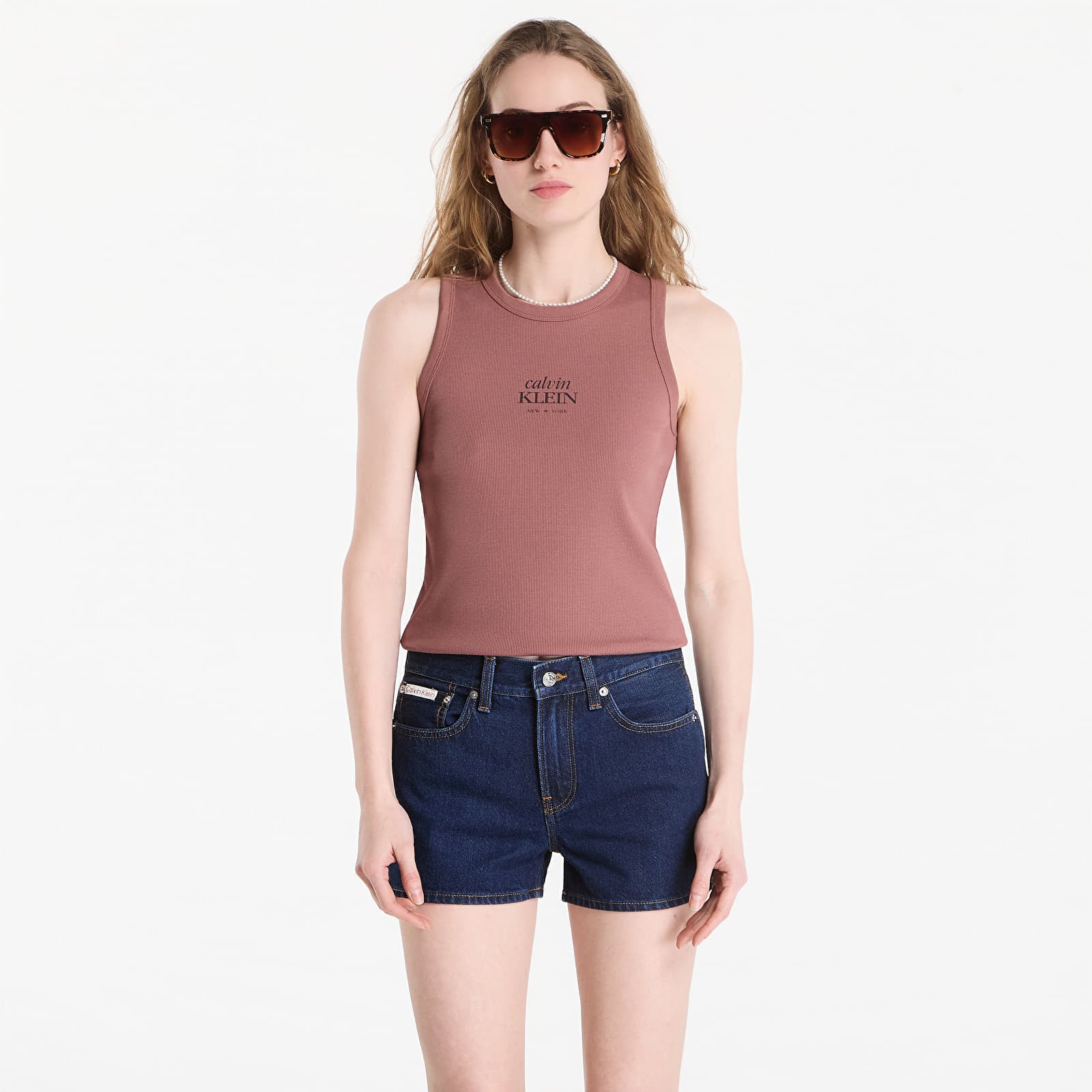 Tank Tops Calvin Klein Jeans Sl 2X2 Baby Rib Logo Crew Tank Sierra Brown