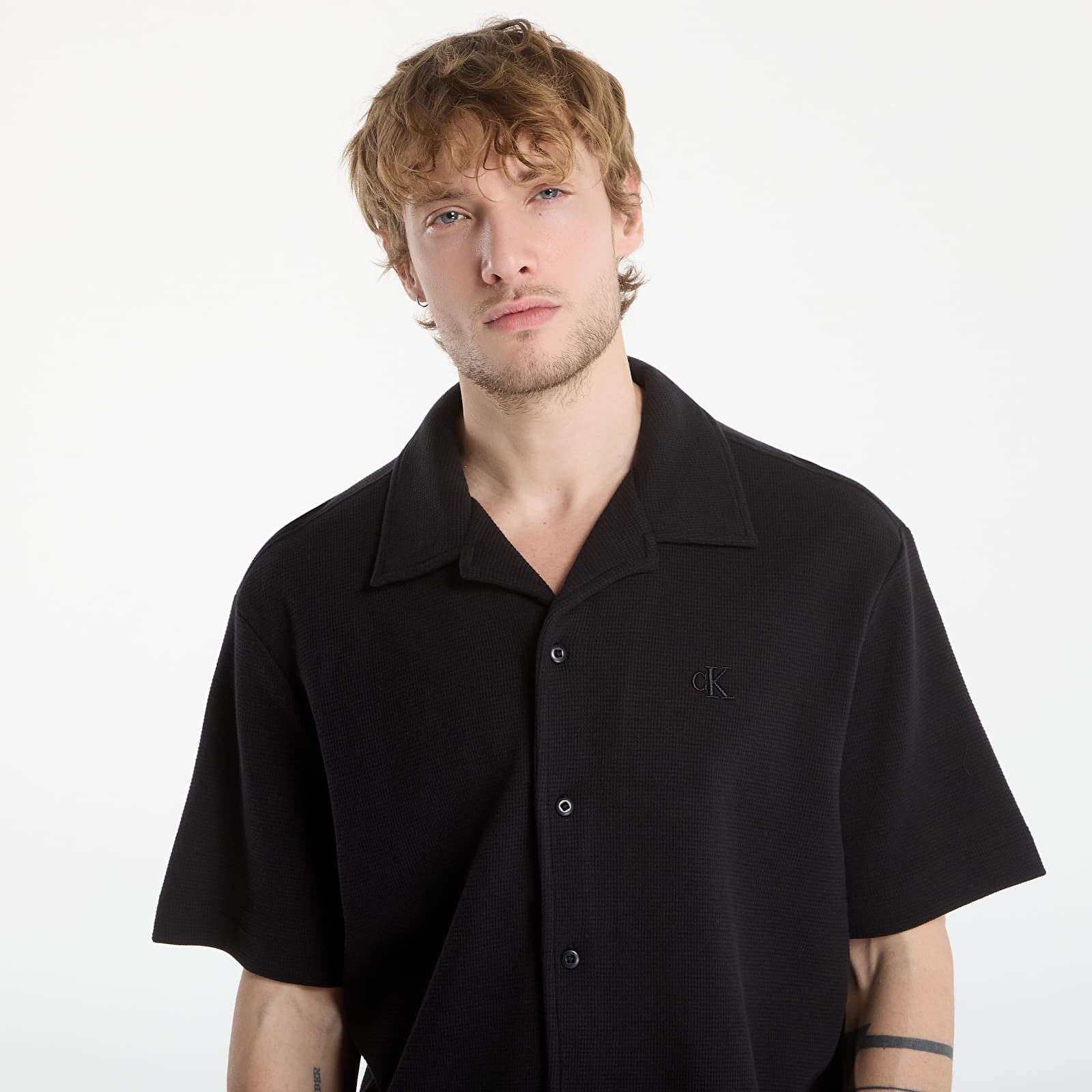 Košile Calvin Klein Jeans Ss Hd Cotton Waffle Camp Shirt Black
