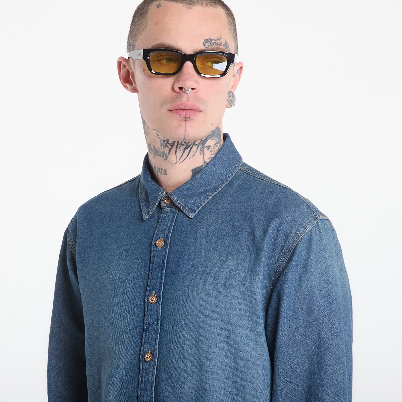Férfi ingek Dickies Lightweight Denim Shirt Ls Khaki Tntd Blue