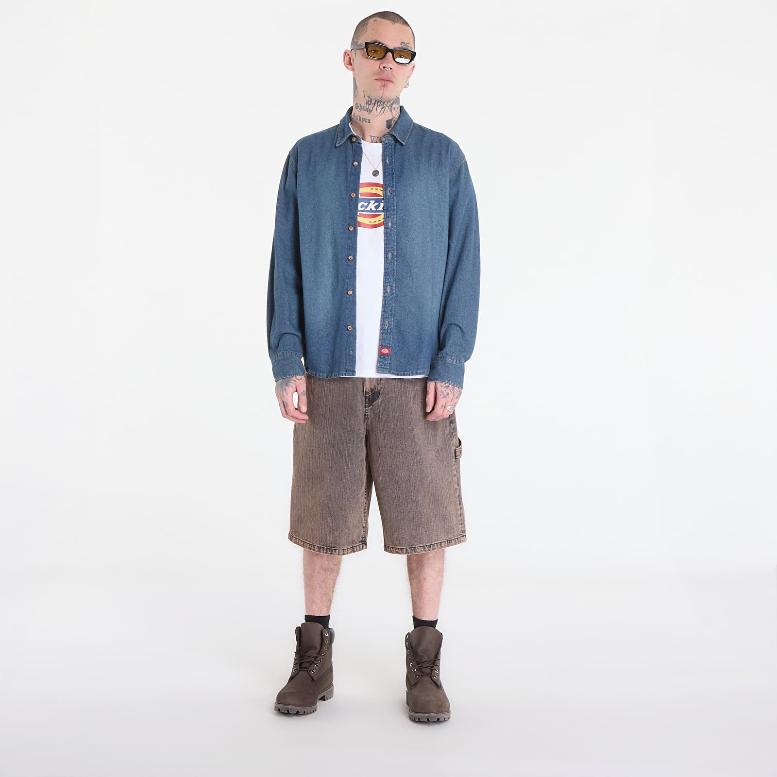 Férfi ingek Dickies Lightweight Denim Shirt Ls Khaki Tntd Blue