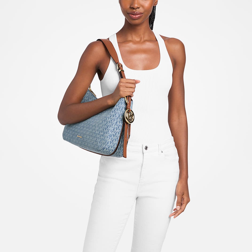 Handbags Michael Kors Nolita Medium Logo Embossed Denim Convertible Shoulder Bag New Horizon