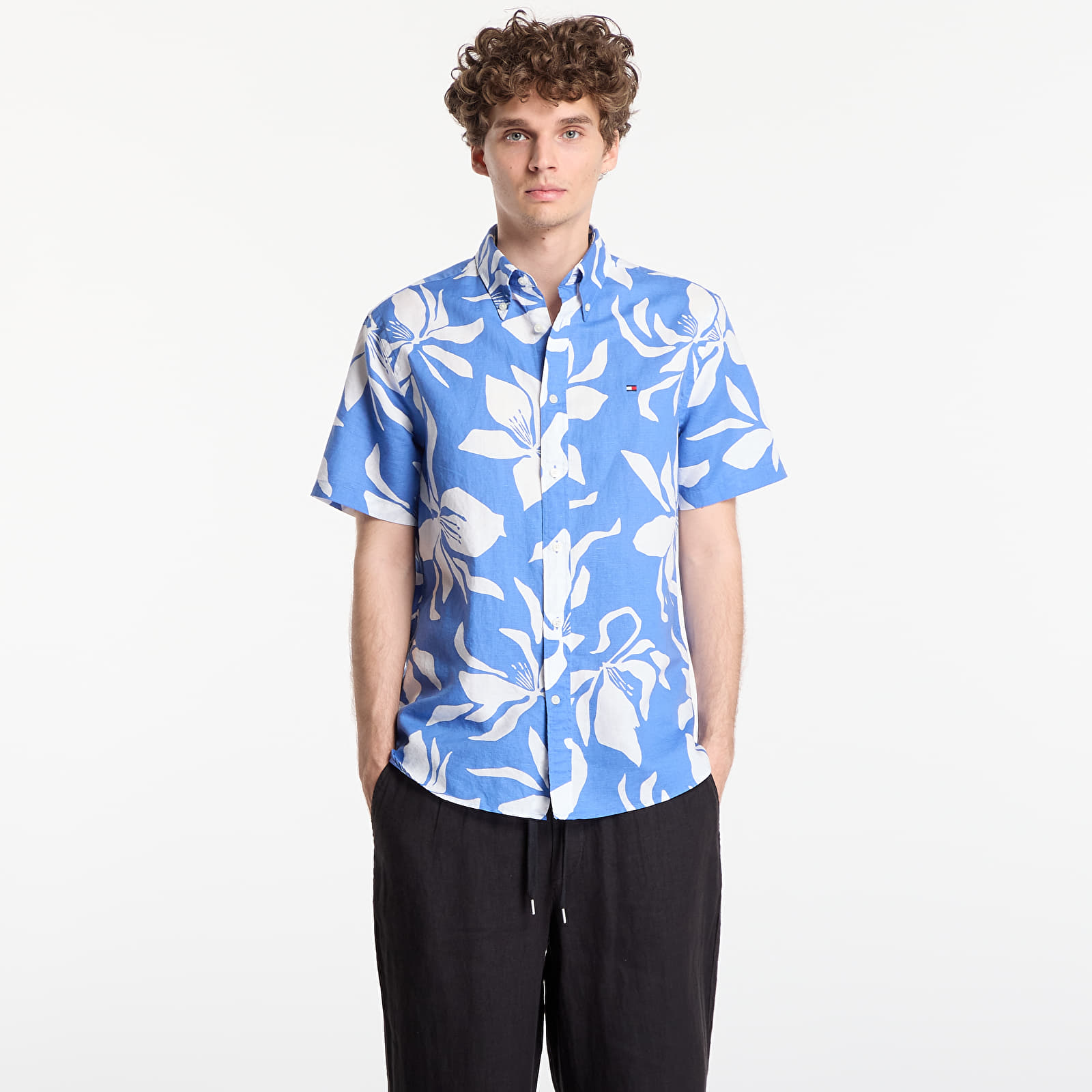 Shirts Tommy Hilfiger Regular Fit Linen Blend Short Sleeve Shirt Dark Blue Indigo