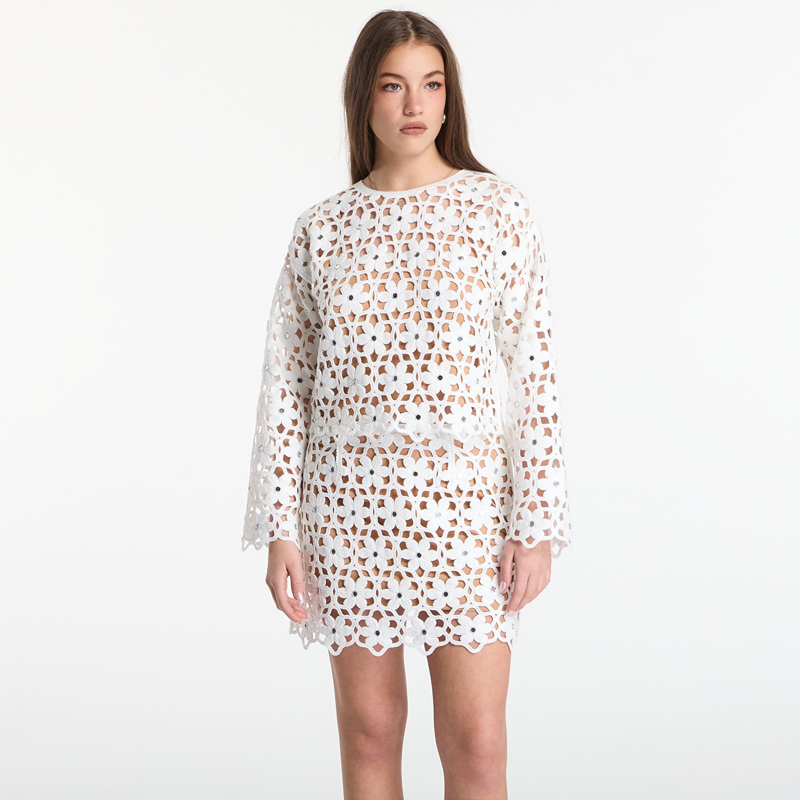 Tops Michael Kors Mirror-Embellished Floral Crochet Top White