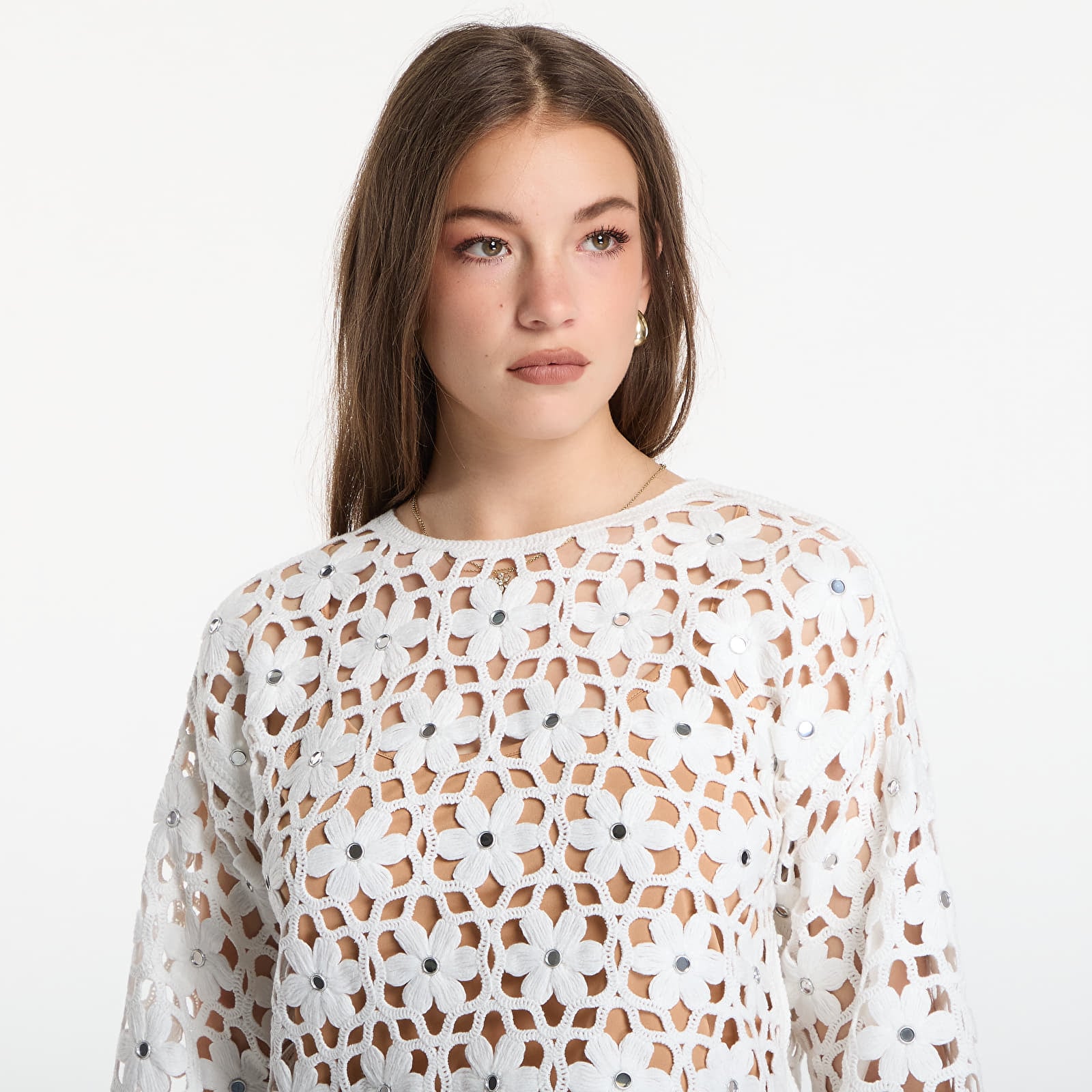 Tops Michael Kors Mirror-Embellished Floral Crochet Top White