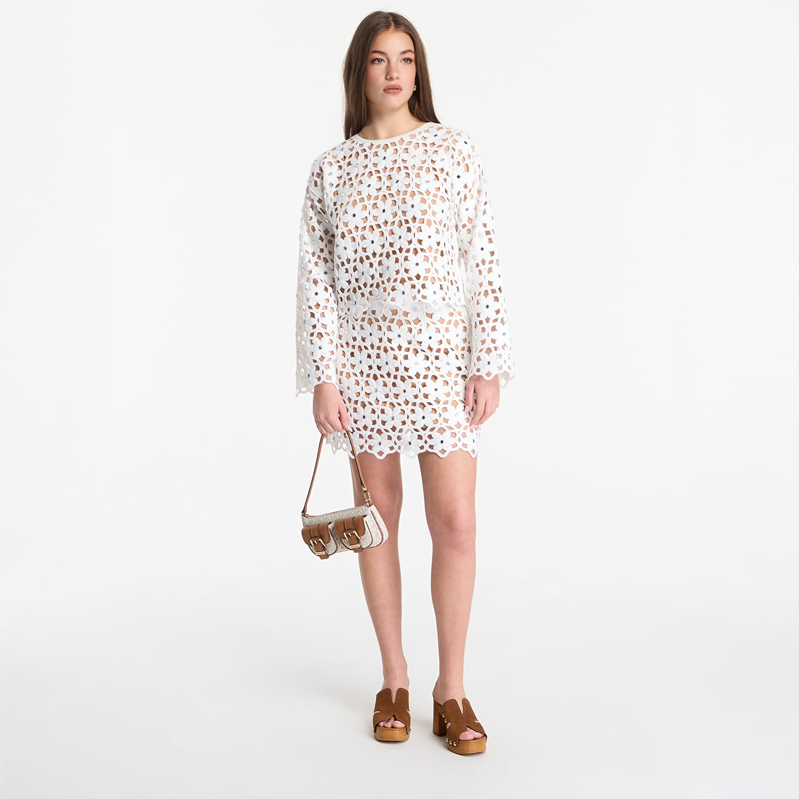 Tops Michael Kors Mirror-Embellished Floral Crochet Top White