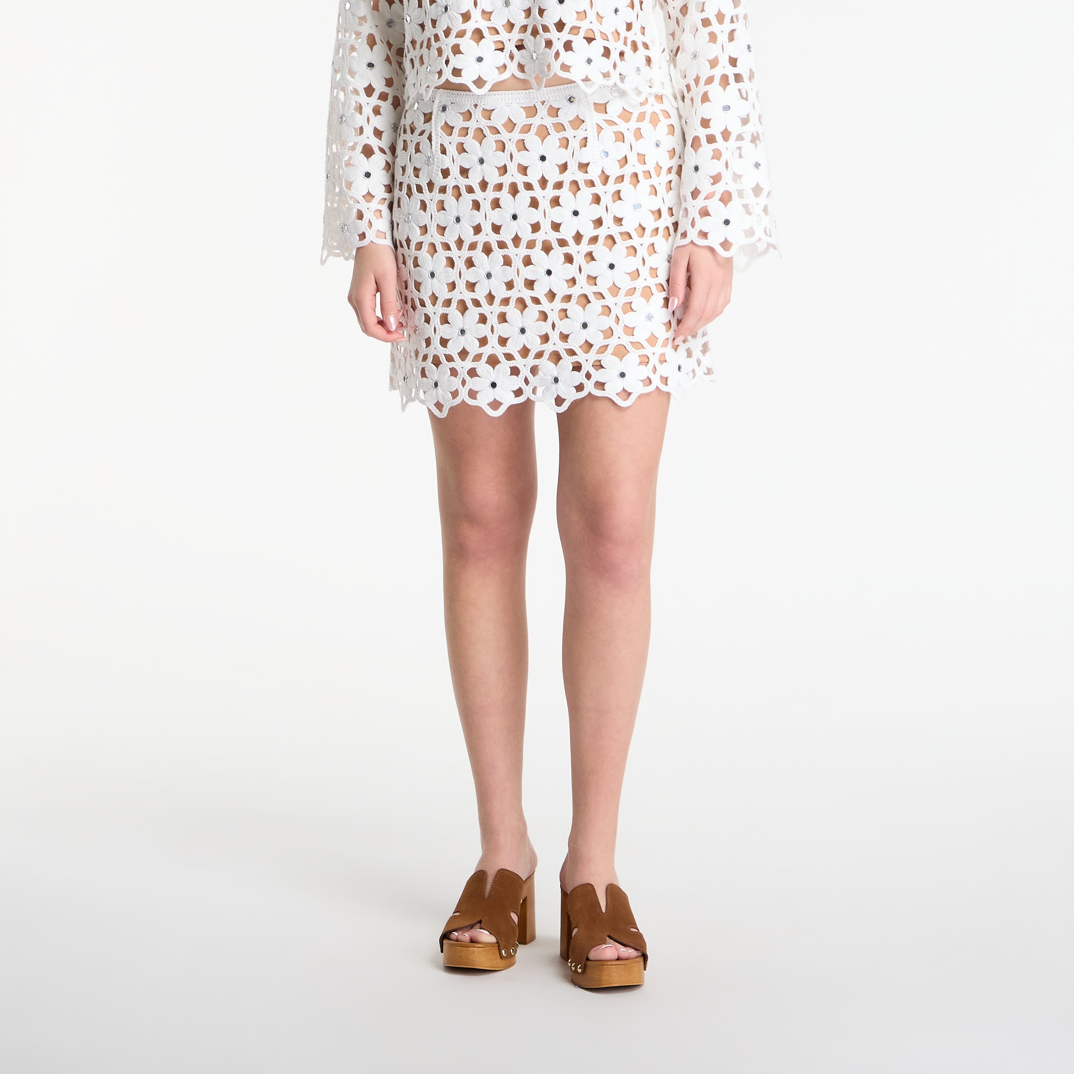 Michael Kors Mirror-Embellished Floral Crochet Skirt White S