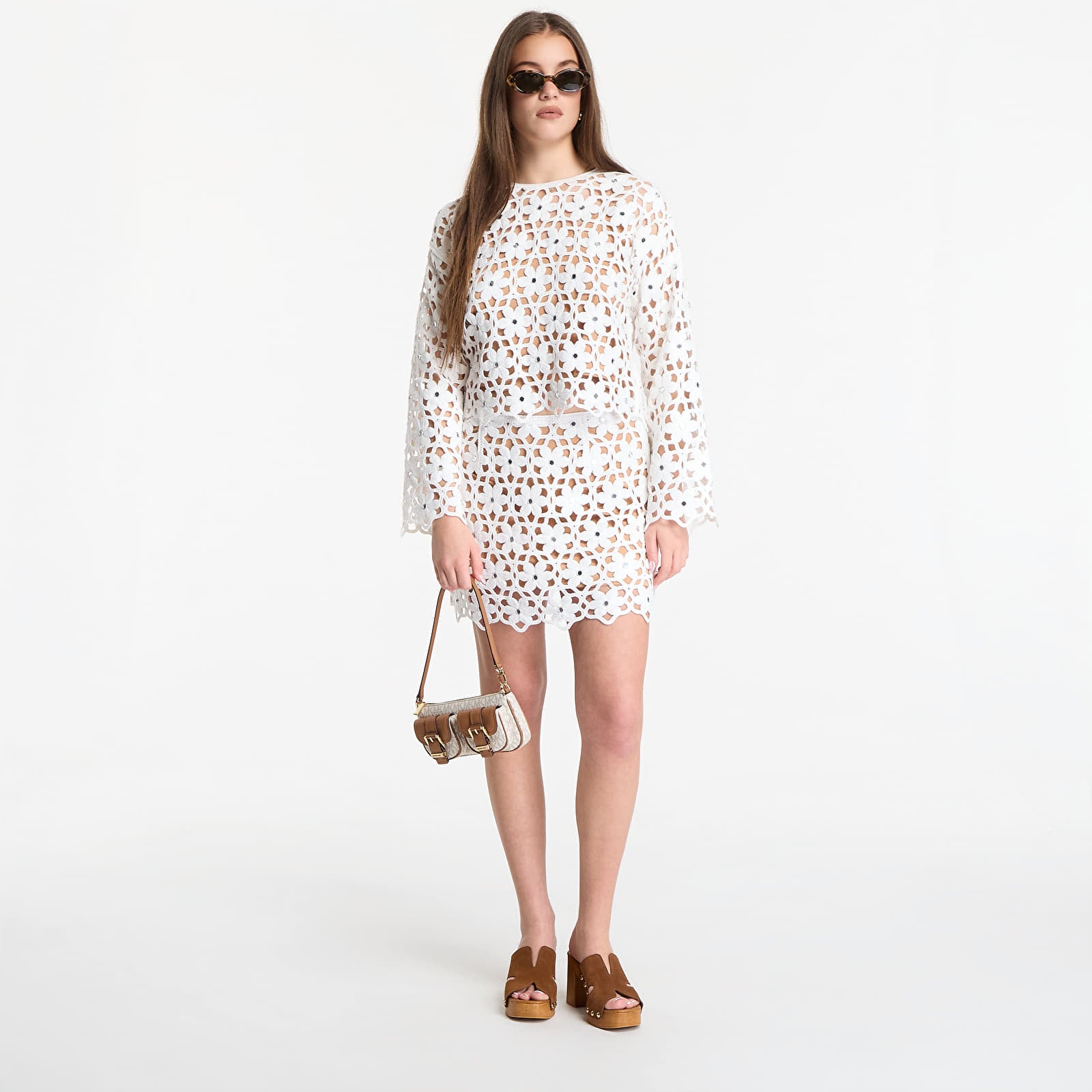 Sijonai Michael Kors Mirror-Embellished Floral Crochet Skirt White