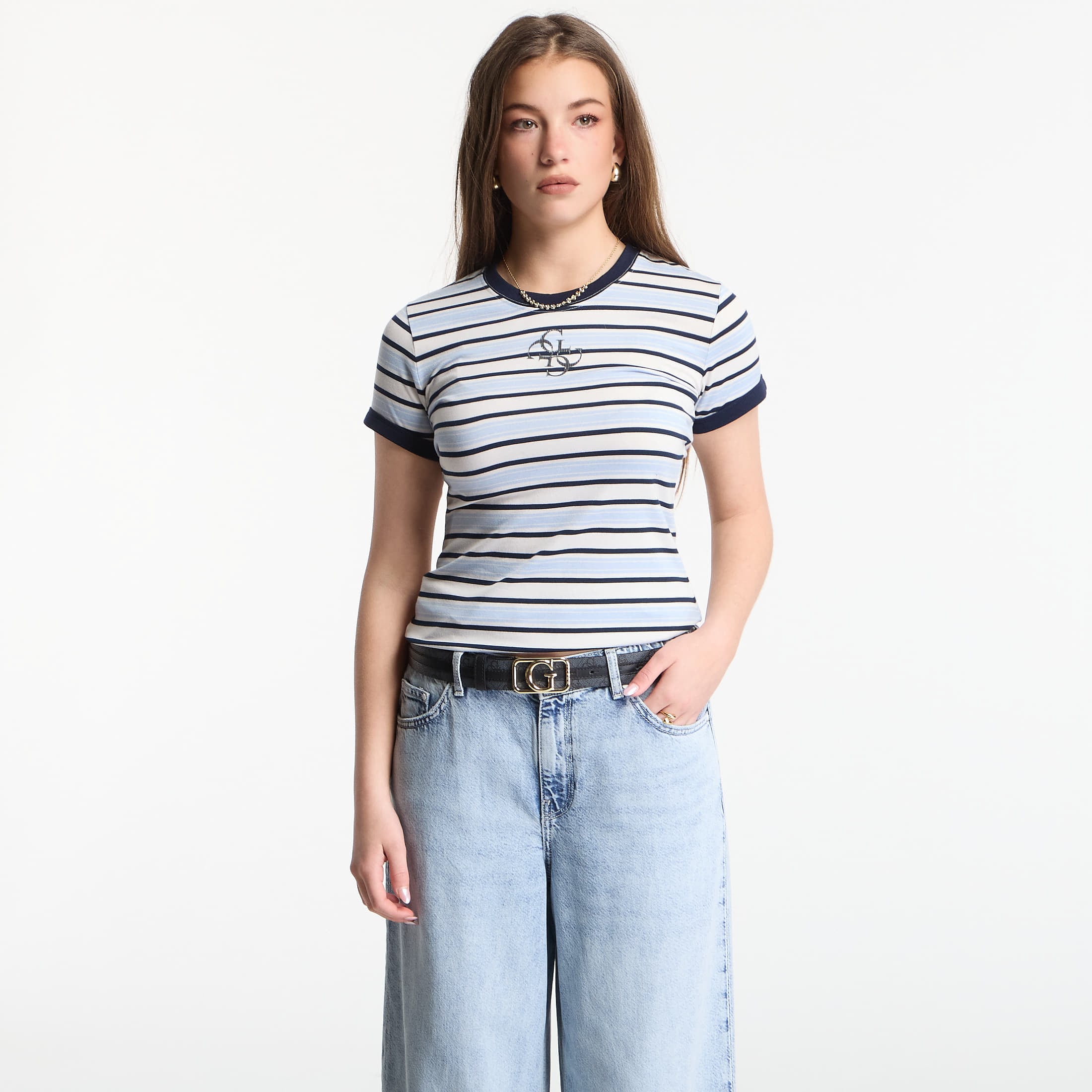 T-shirt Guess Jeans Ss Cn Striped Mini 4G Logo Tee Cream White/ Shad XS