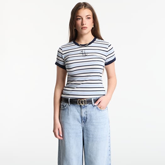 Tričko Guess Jeans Ss Cn Striped Mini 4G Logo Tee Cream White/ Shad